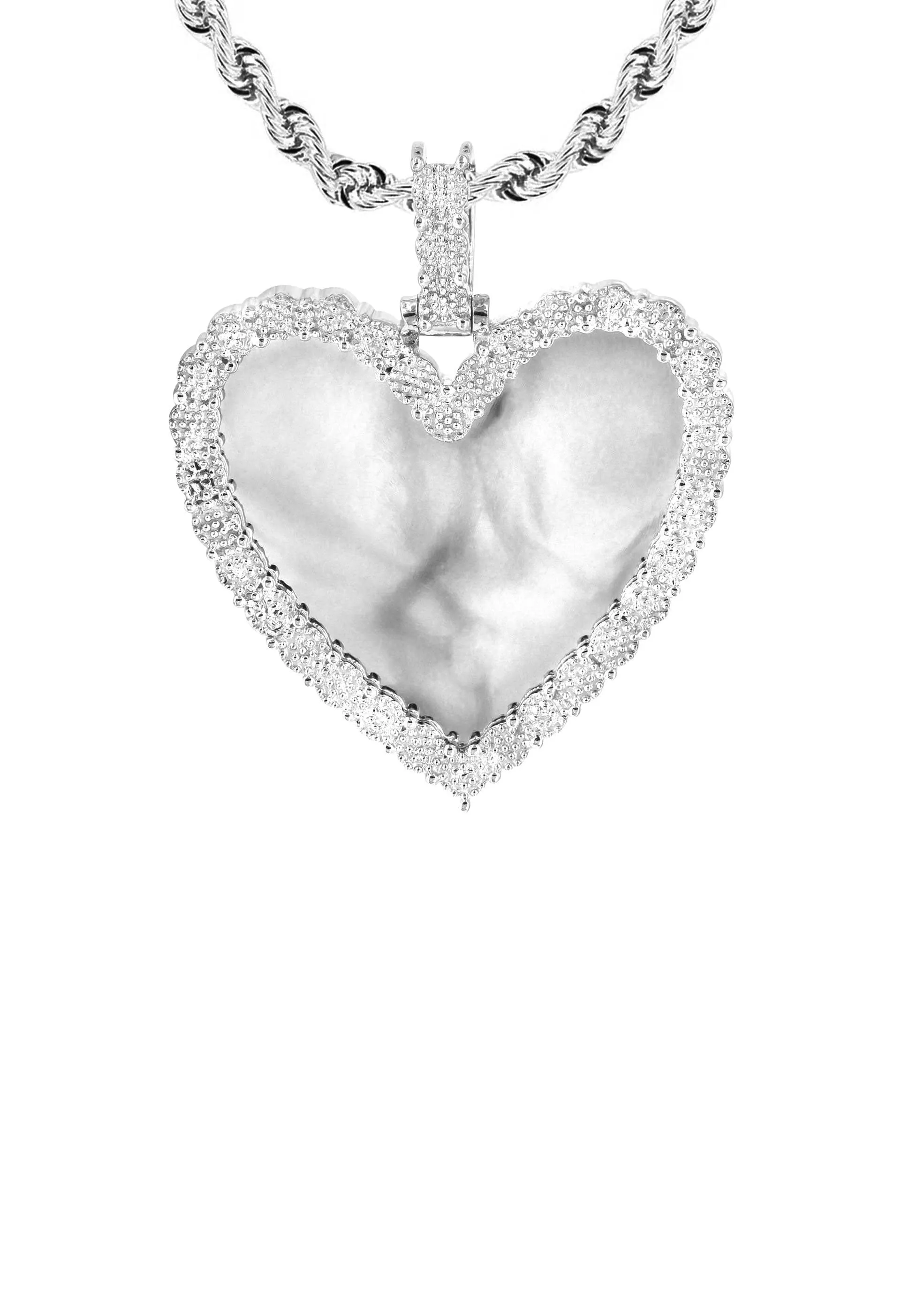 10K White Gold Small Diamond Heart Picture Pendant Necklace | Appx. 18 Grams