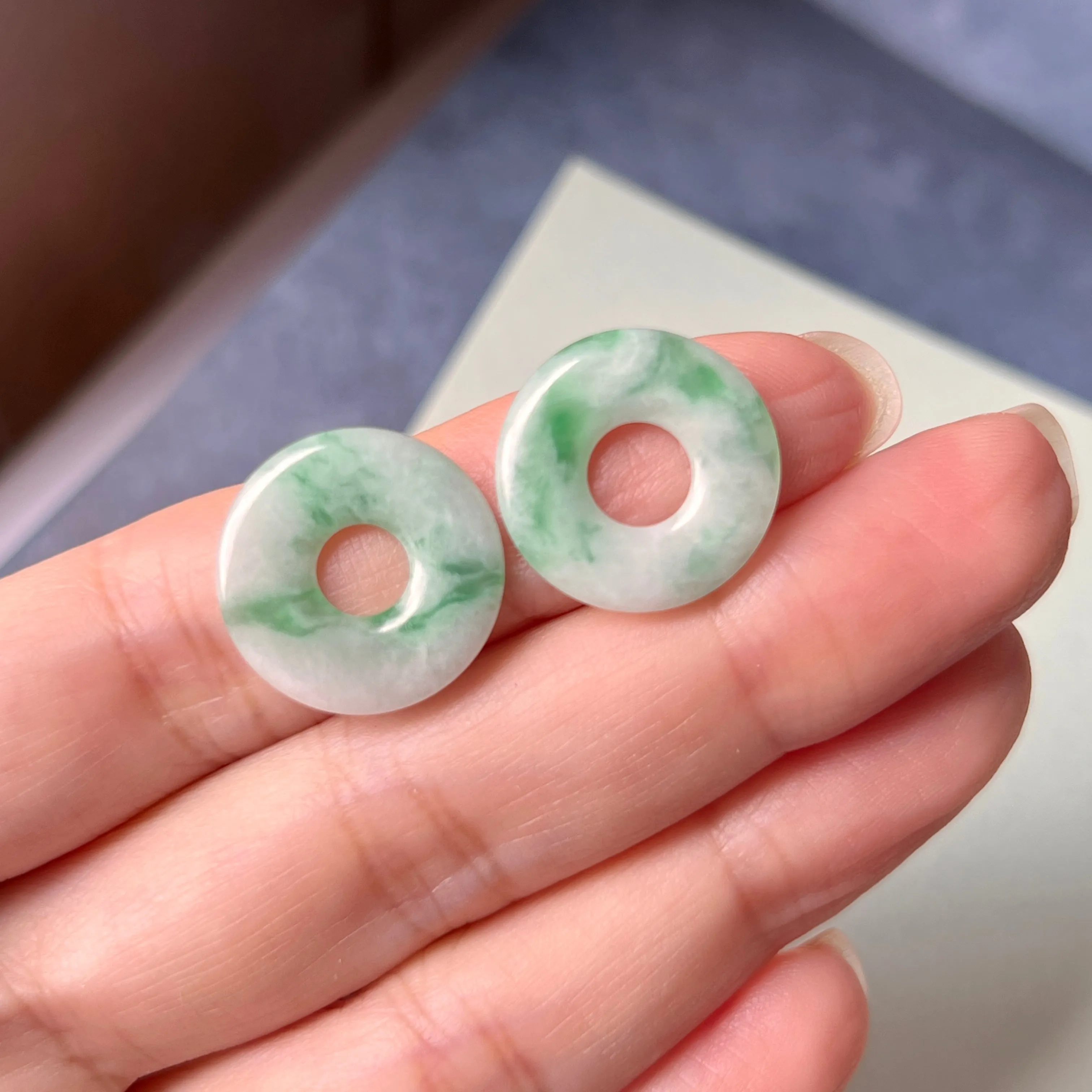 11.71 cts A-Grade Natural Moss on Snow Jadeite Donut Pair No.180757