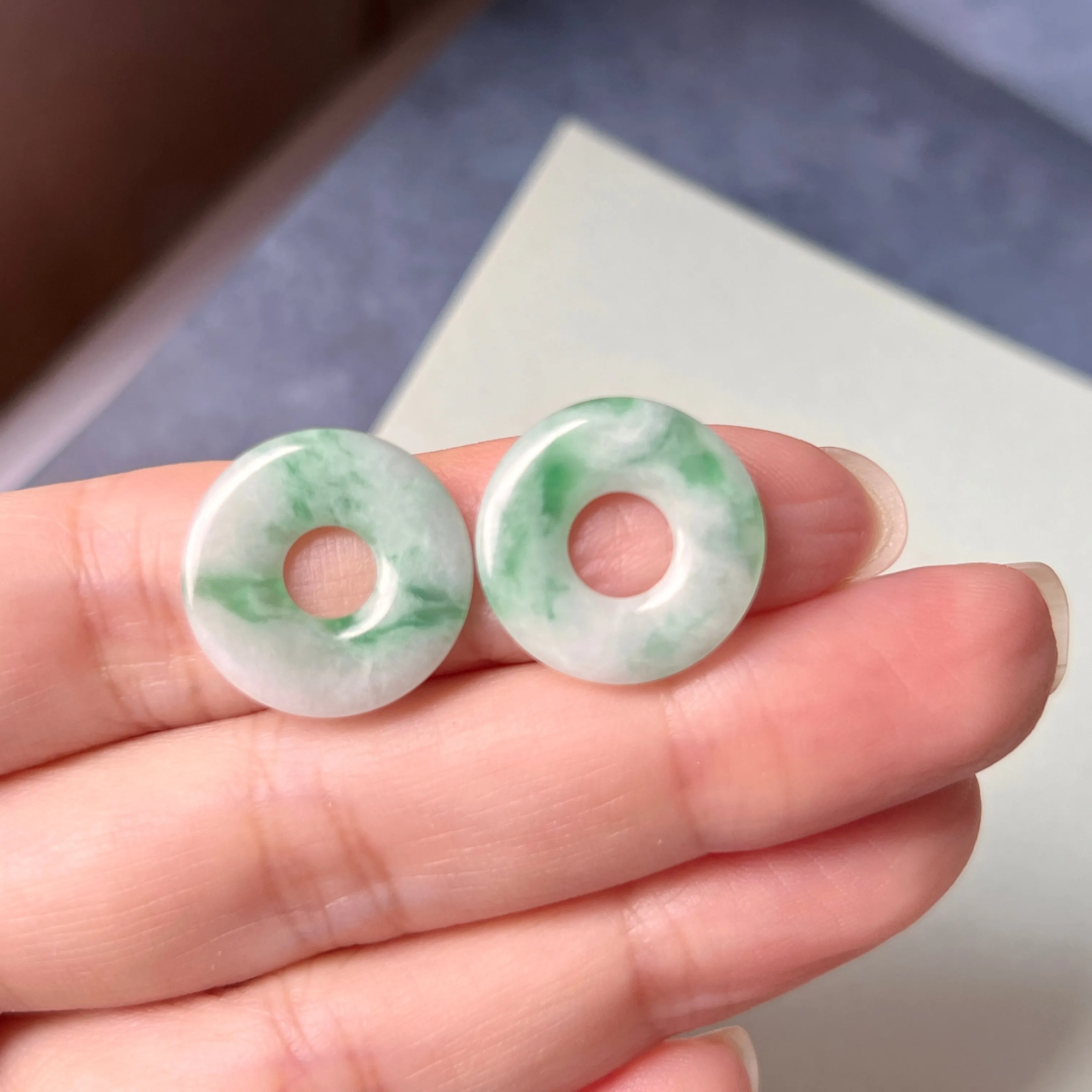 11.71 cts A-Grade Natural Moss on Snow Jadeite Donut Pair No.180757