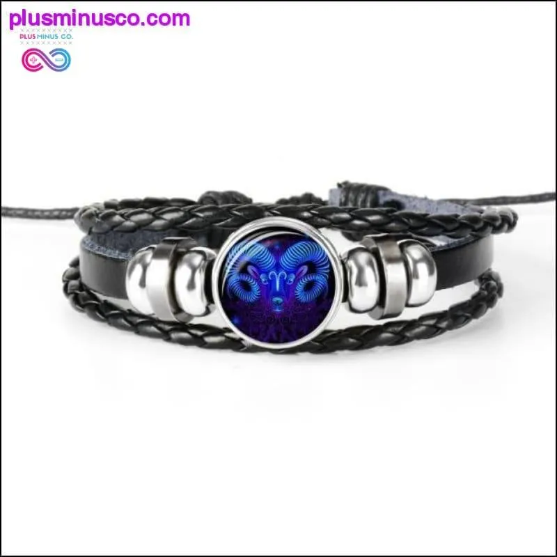 12 Constellation Zodiac Sign Black Braided Leather Bracelet