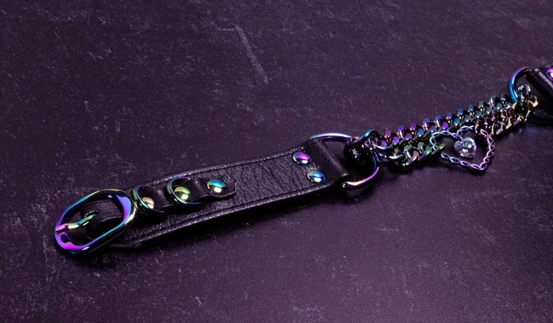 12.5" - 15.5" Swarovski Rainbow & Black Leather Martingale Collar _ LIMITED _