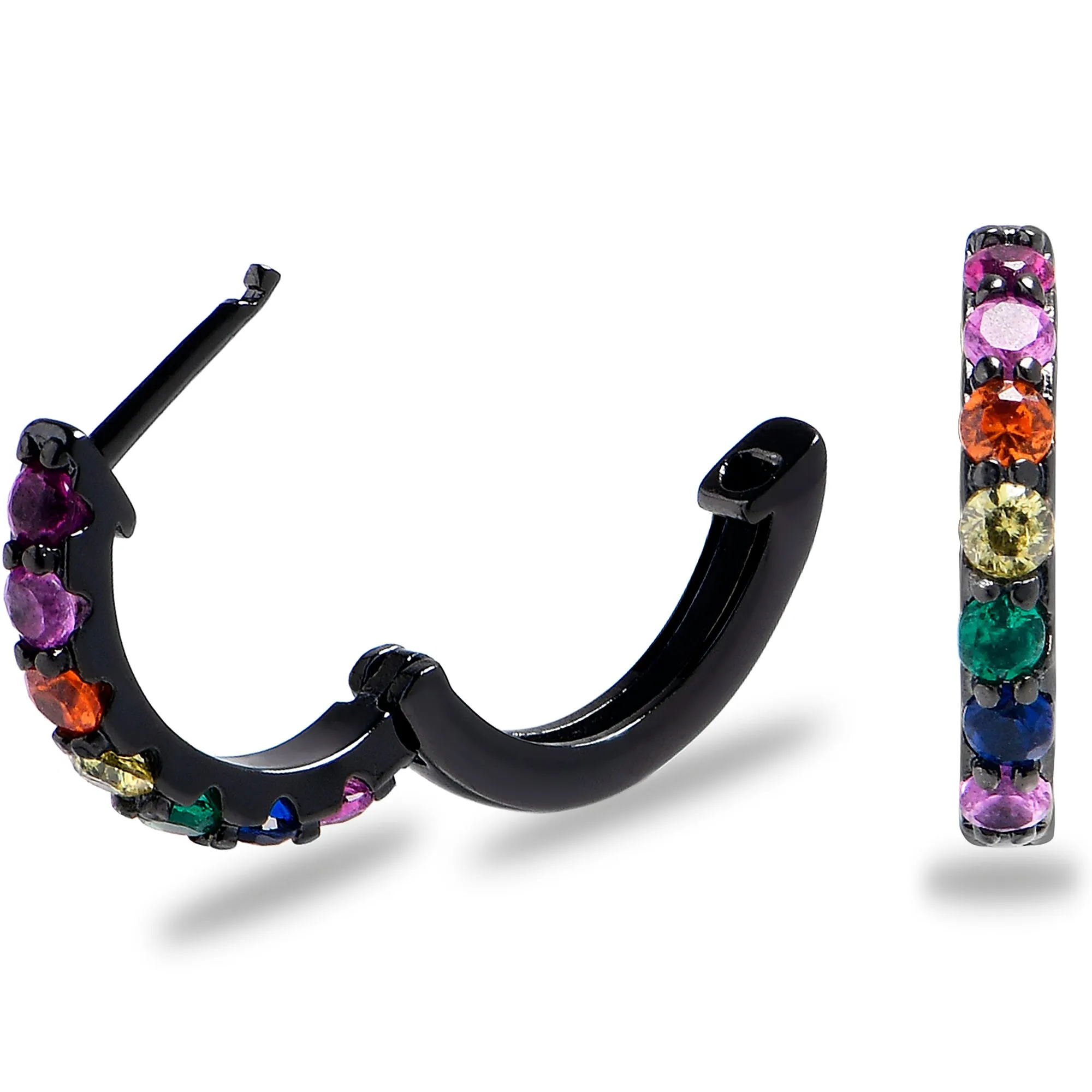 12mm Unisex Black Rainbow Gem Stainless Steel Hinged Huggie Hoop Earrings