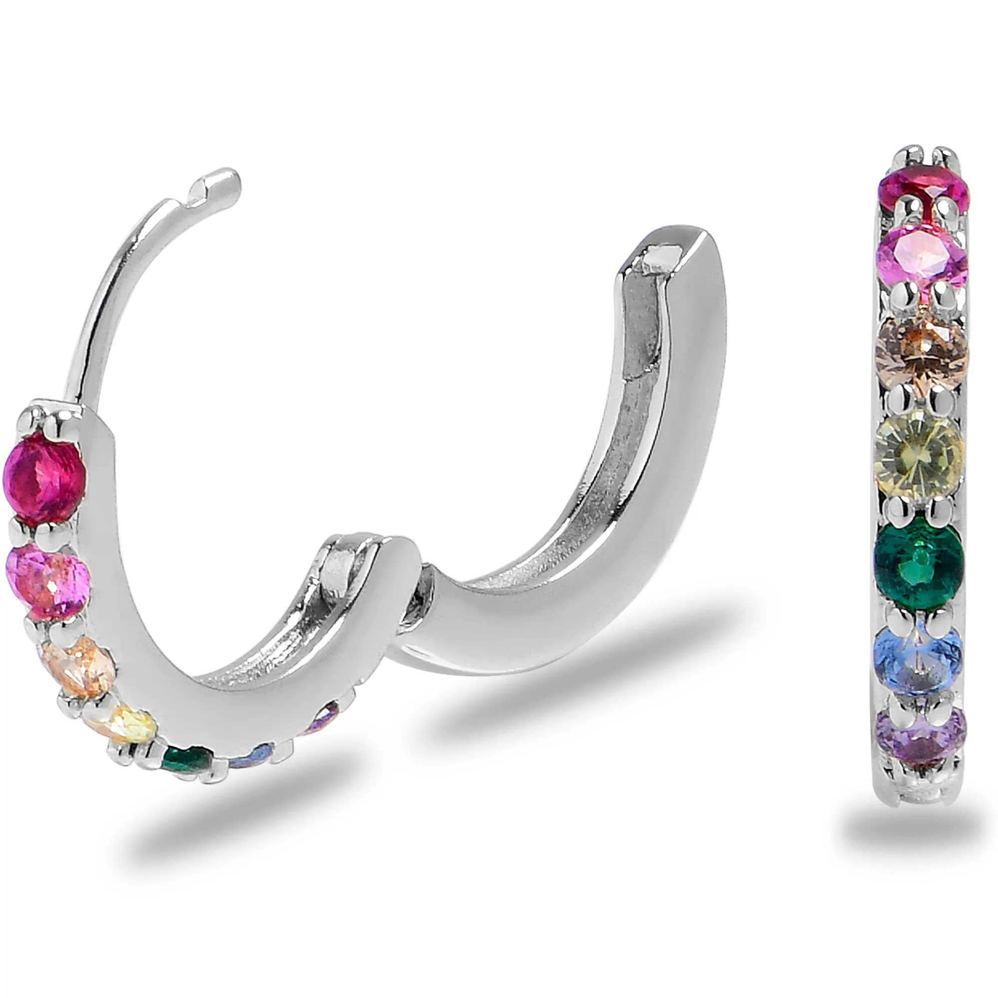 12mm Unisex Rainbow Gem Stainless Steel Hinged Huggie Hoop Earrings