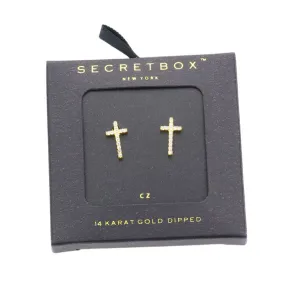 14K Gold Dipped CZ Cross Stud Earrings