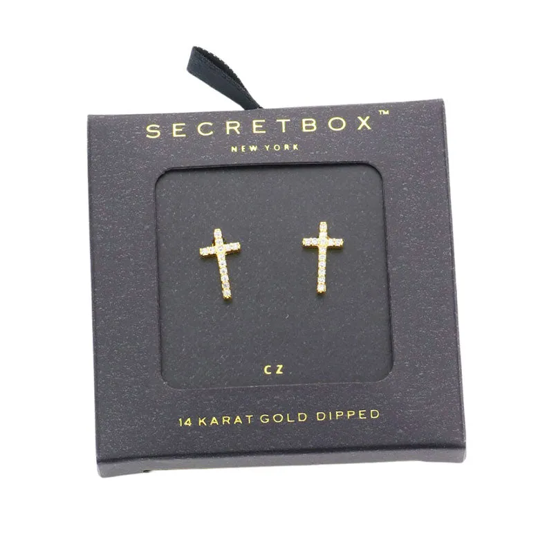 14K Gold Dipped CZ Cross Stud Earrings