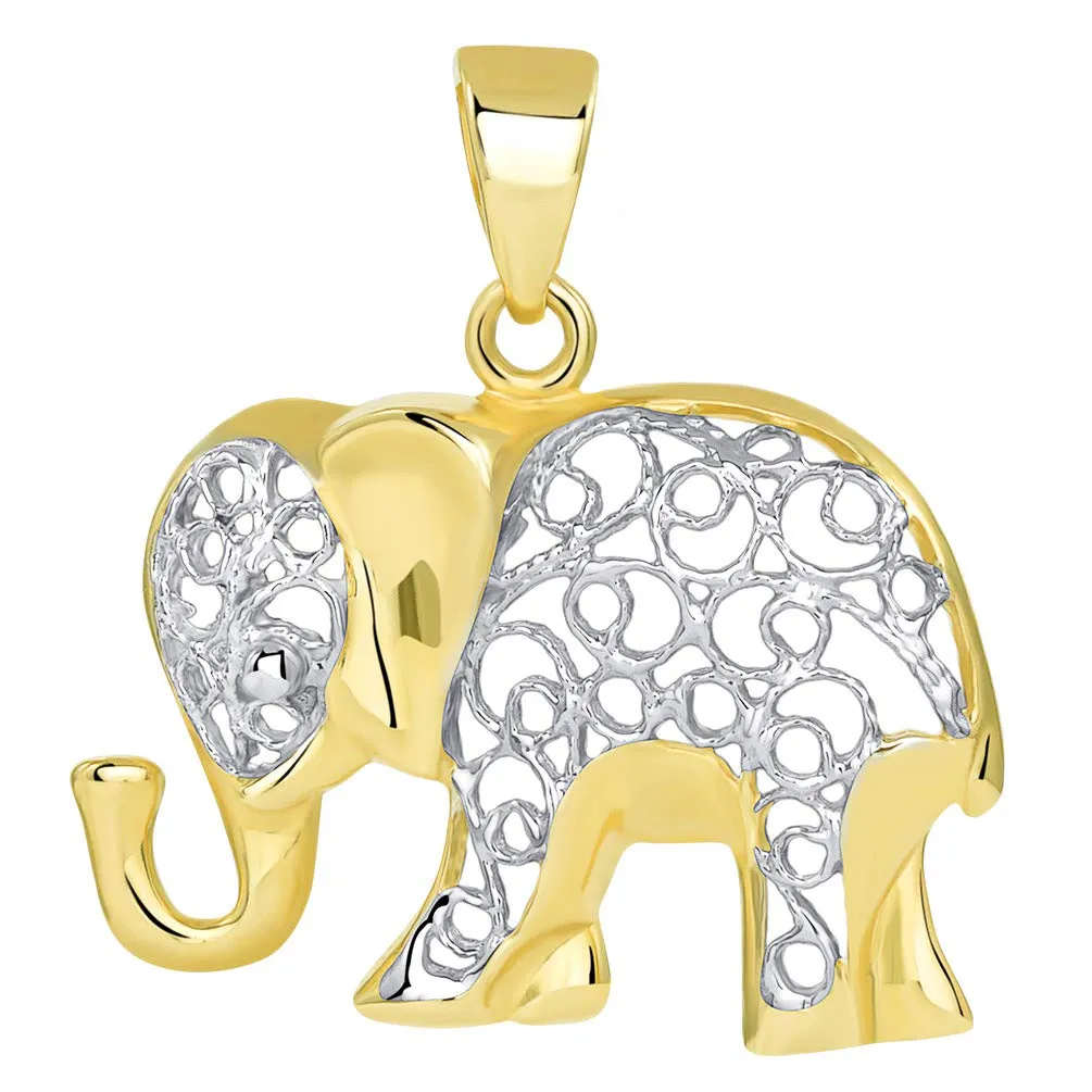 14k Gold Elegant Filigree Two Tone Elephant Pendant with Figaro Chain Necklace - Yellow Gold