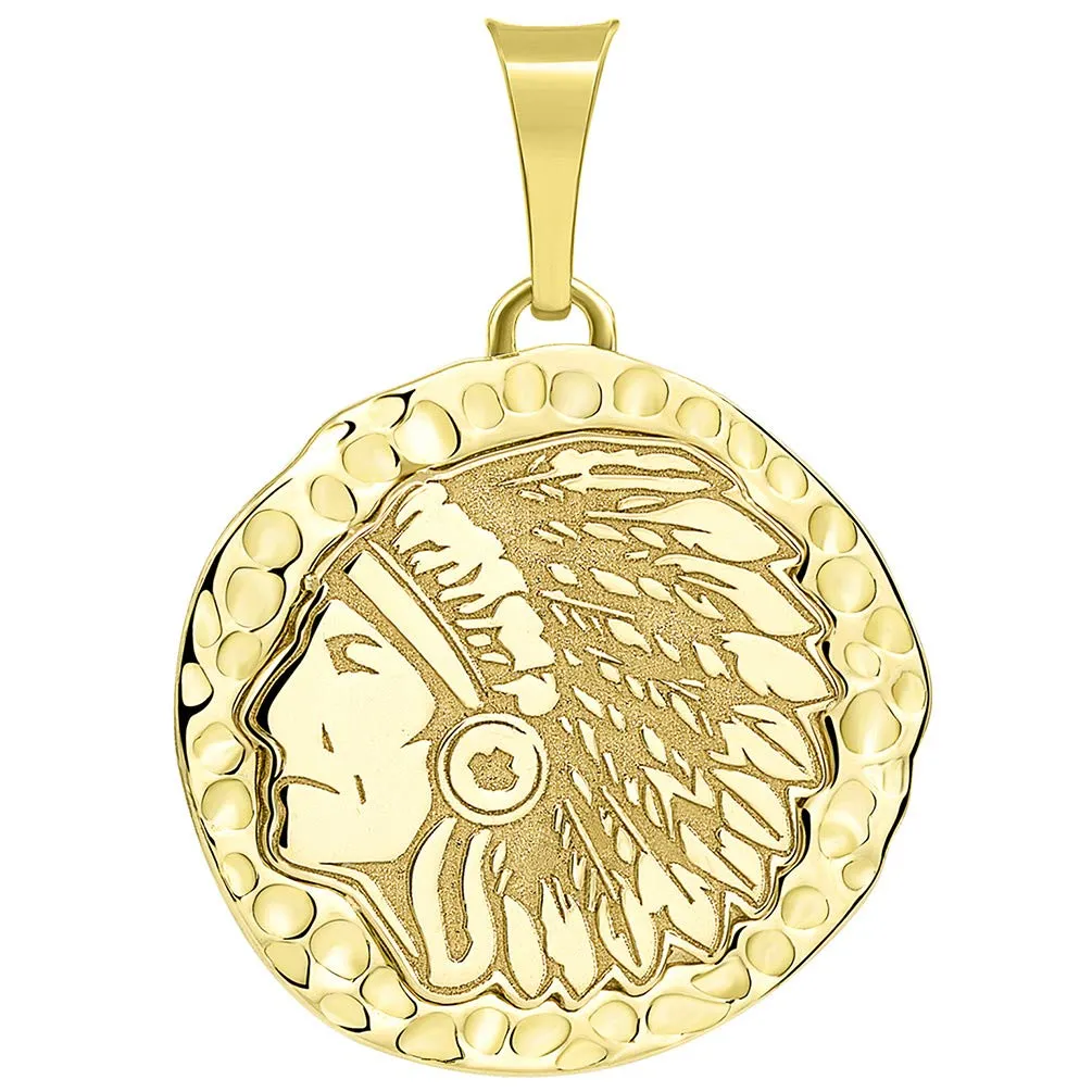 14k Gold Hand Engraved Native American Chief Indian Head Round Pendant with Cuban Chain Necklace - Yellow Gold