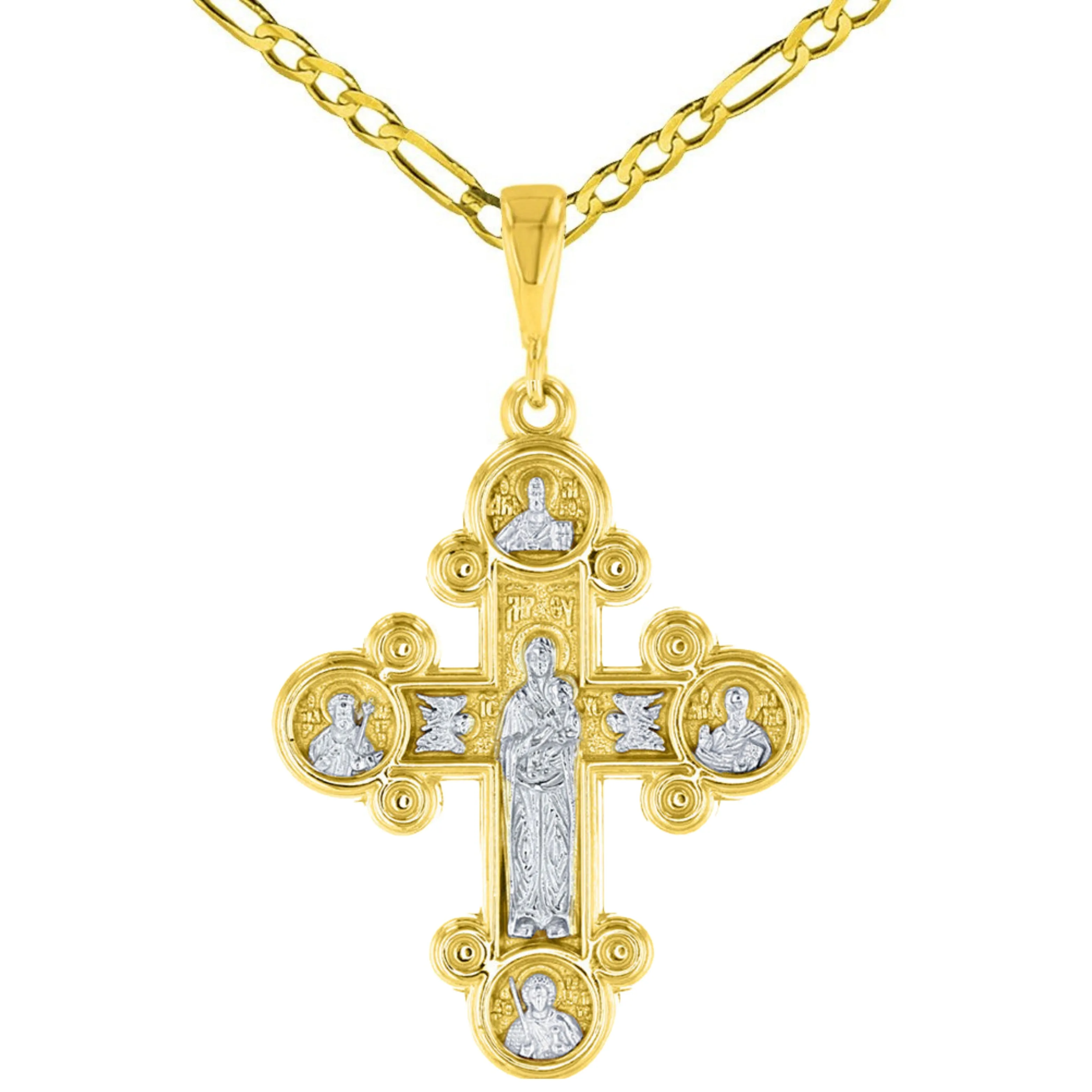 14K Gold Mother of God Virgin Mary with Jesus & Saints Cross Pendant Figaro Chain Necklace - Yellow Gold