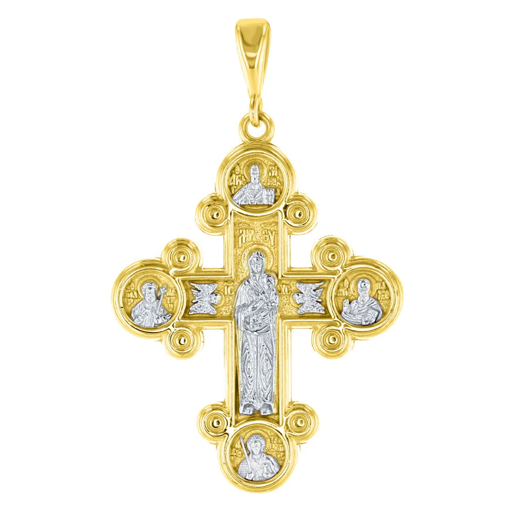 14K Gold Mother of God Virgin Mary with Jesus & Saints Cross Pendant Figaro Chain Necklace - Yellow Gold