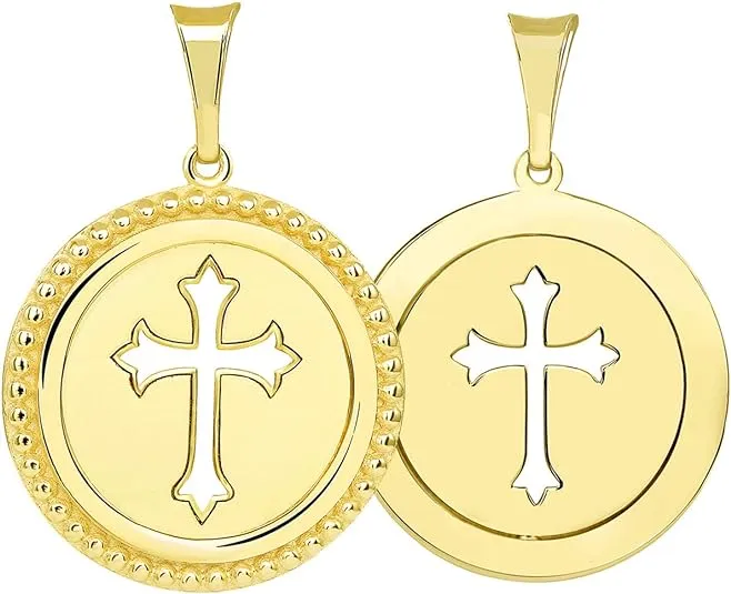 14k Gold Reversible Open Christian Cross Medallion Pendant with Cuban Concave Curb Necklace - Yellow Gold