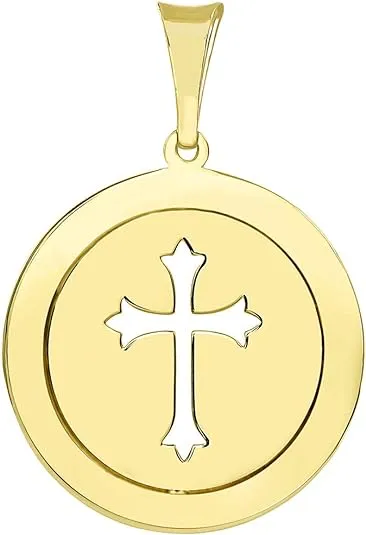 14k Gold Reversible Open Christian Cross Medallion Pendant with Cuban Concave Curb Necklace - Yellow Gold