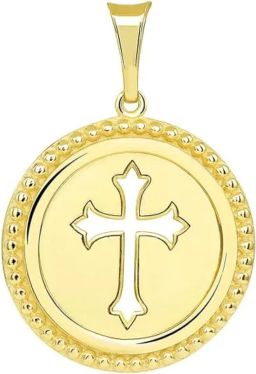 14k Gold Reversible Open Christian Cross Medallion Pendant with Cuban Concave Curb Necklace - Yellow Gold