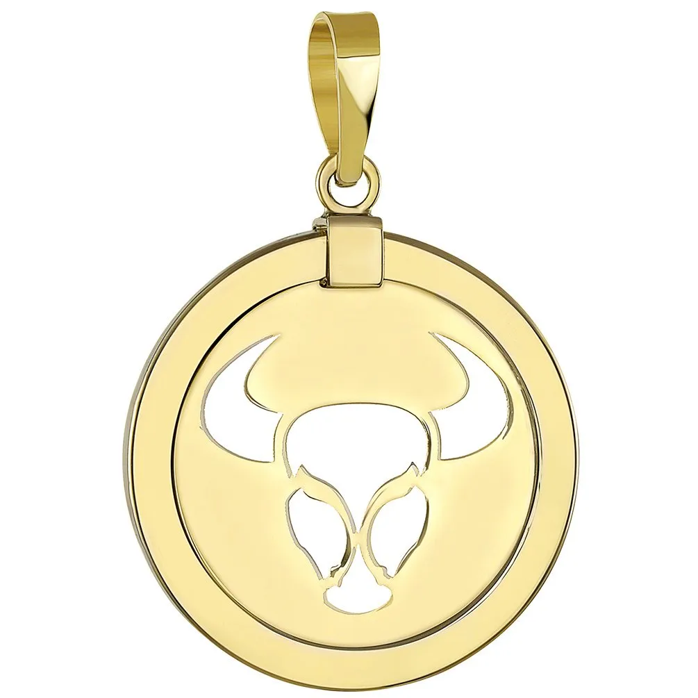 14K Gold Reversible Round Bull Taurus Zodiac Sign Pendant with Figaro Chain Necklace - Yellow Gold