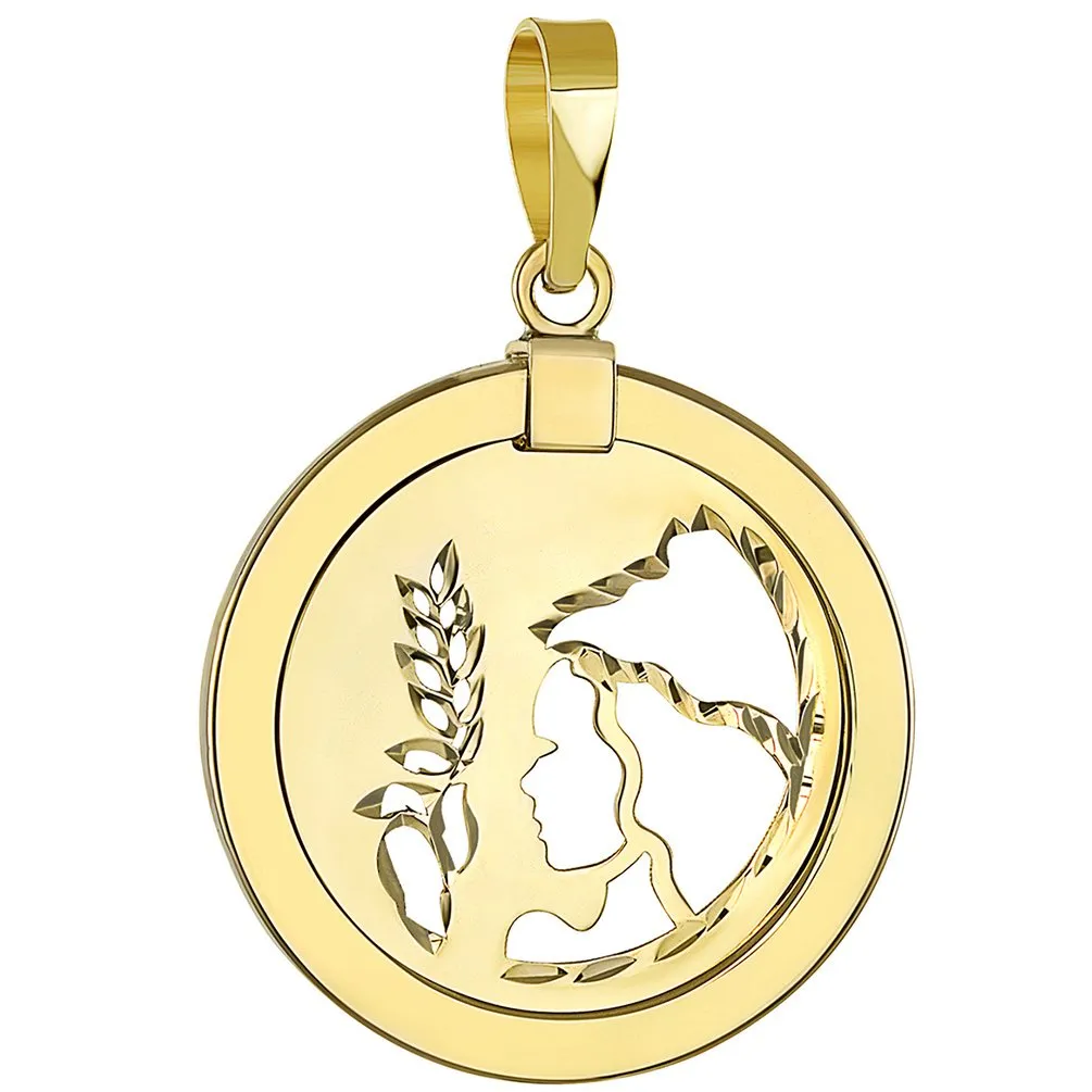 14K Gold Reversible Round Virgo Zodiac Sign Pendant with Figaro Chain Necklace - Yellow Gold