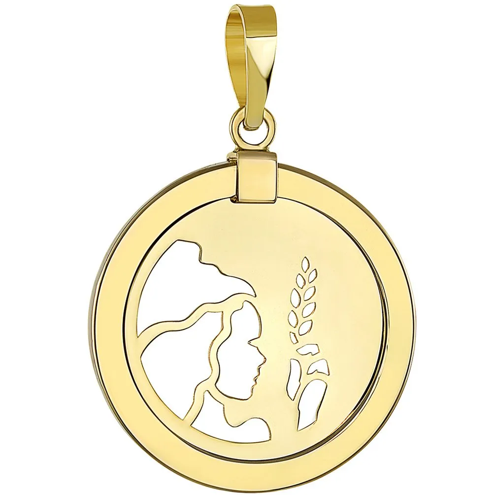 14K Gold Reversible Round Virgo Zodiac Sign Pendant with Figaro Chain Necklace - Yellow Gold