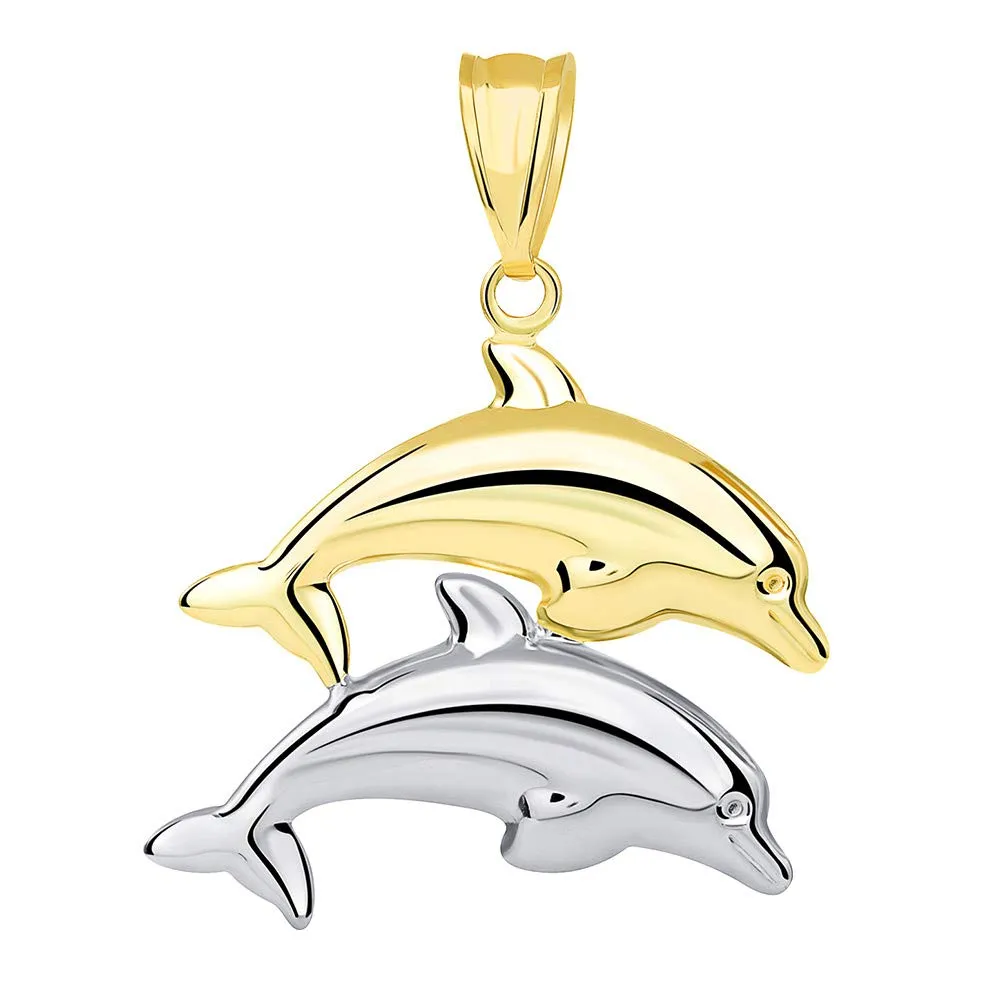 14k Gold Two Tone 3D Dolphins Jumping Pendant Figaro Necklace - Yellow and White Gold