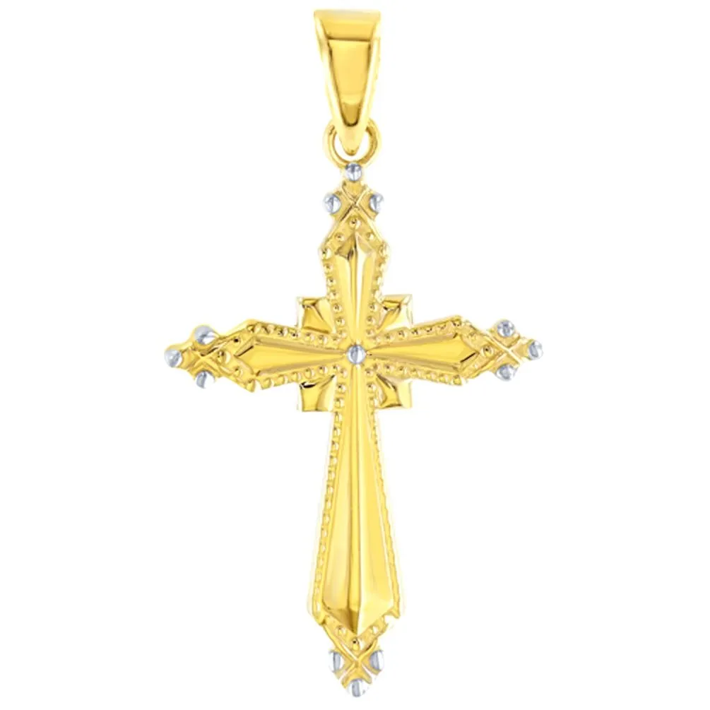 14K High Polish Yellow Gold Milgrain Cross Charm Pendant Figaro Chain Necklace