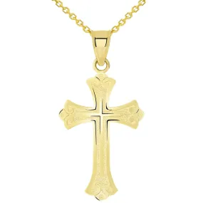 14k Solid Yellow Gold Religious Fleur de Lis Cross Pendant Necklace