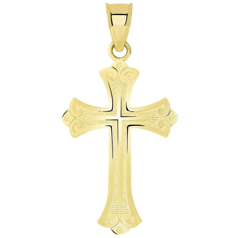 14k Solid Yellow Gold Religious Fleur de Lis Cross Pendant Necklace