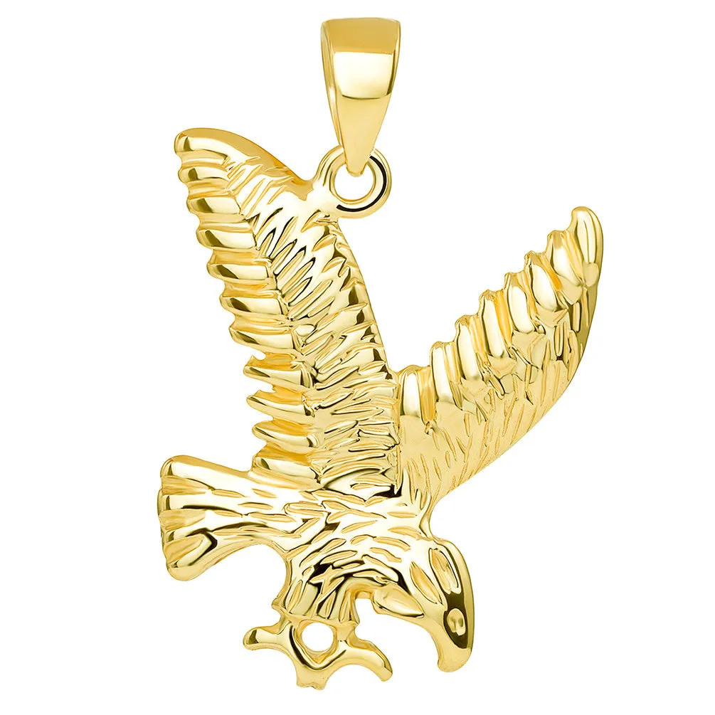 14k Solid Yellow Gold Soaring American Eagle Animal Pendant with Cuban Chain Necklace