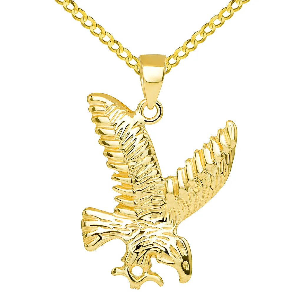 14k Solid Yellow Gold Soaring American Eagle Animal Pendant with Cuban Chain Necklace