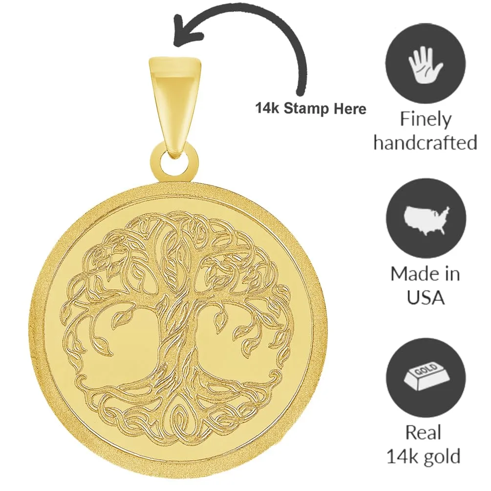 14k Solid Yellow Gold Tree of Life Medallion Charm Pendant