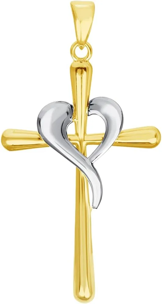 14k Two-Tone Gold Religious Cross and Heart Pendant with Cable, Cuban Curb, or Figaro Chain Necklaces