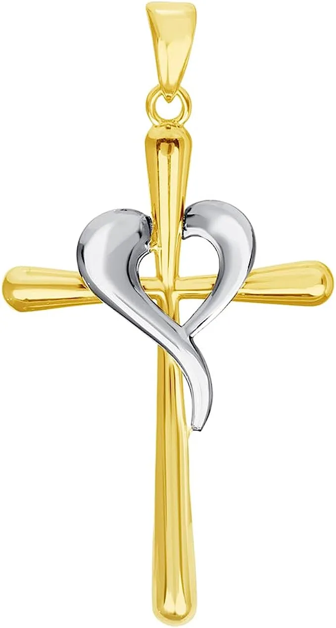 14k Two-Tone Gold Religious Cross and Heart Pendant with Cable, Cuban Curb, or Figaro Chain Necklaces