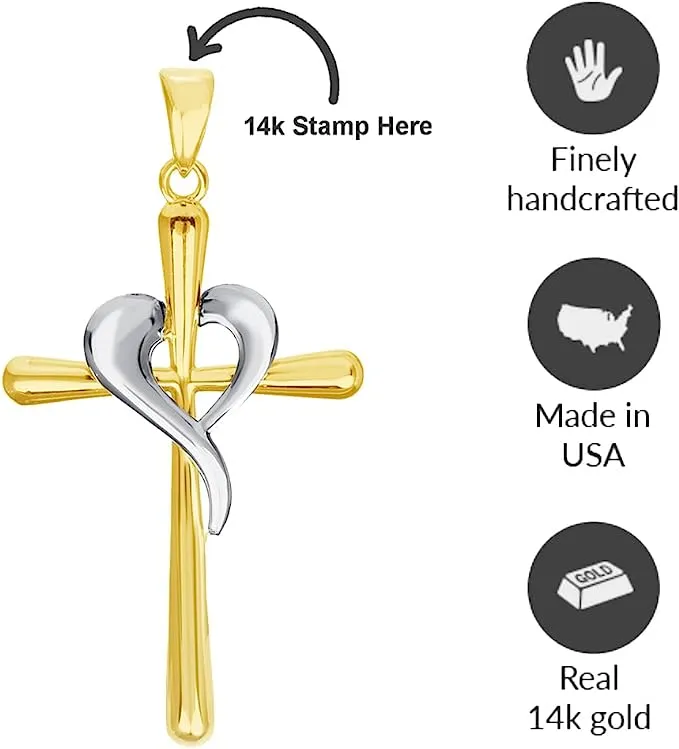 14k Two-Tone Gold Religious Cross and Heart Pendant with Cable, Cuban Curb, or Figaro Chain Necklaces