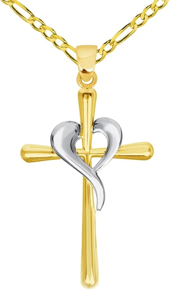 14k Two-Tone Gold Religious Cross and Heart Pendant with Cable, Cuban Curb, or Figaro Chain Necklaces