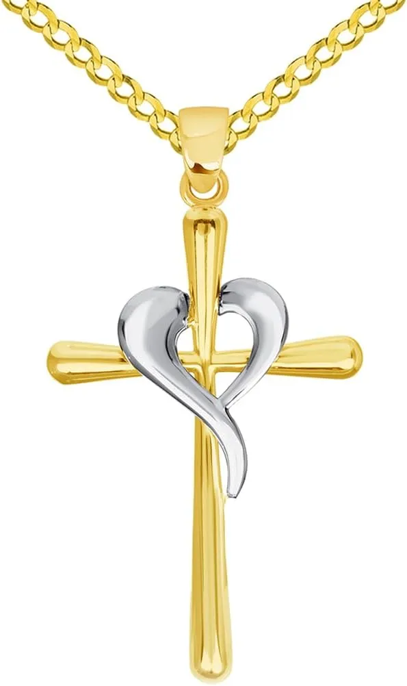 14k Two-Tone Gold Religious Cross and Heart Pendant with Cable, Cuban Curb, or Figaro Chain Necklaces