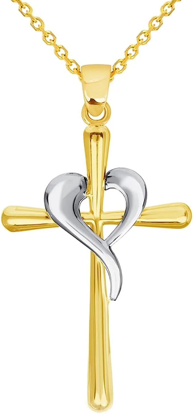 14k Two-Tone Gold Religious Cross and Heart Pendant with Cable, Cuban Curb, or Figaro Chain Necklaces