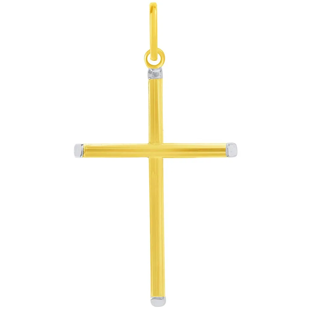 14k Two-Tone Gold Slender Slanted Edge Plain Religious Cross Pendant with Figaro Chain Necklace