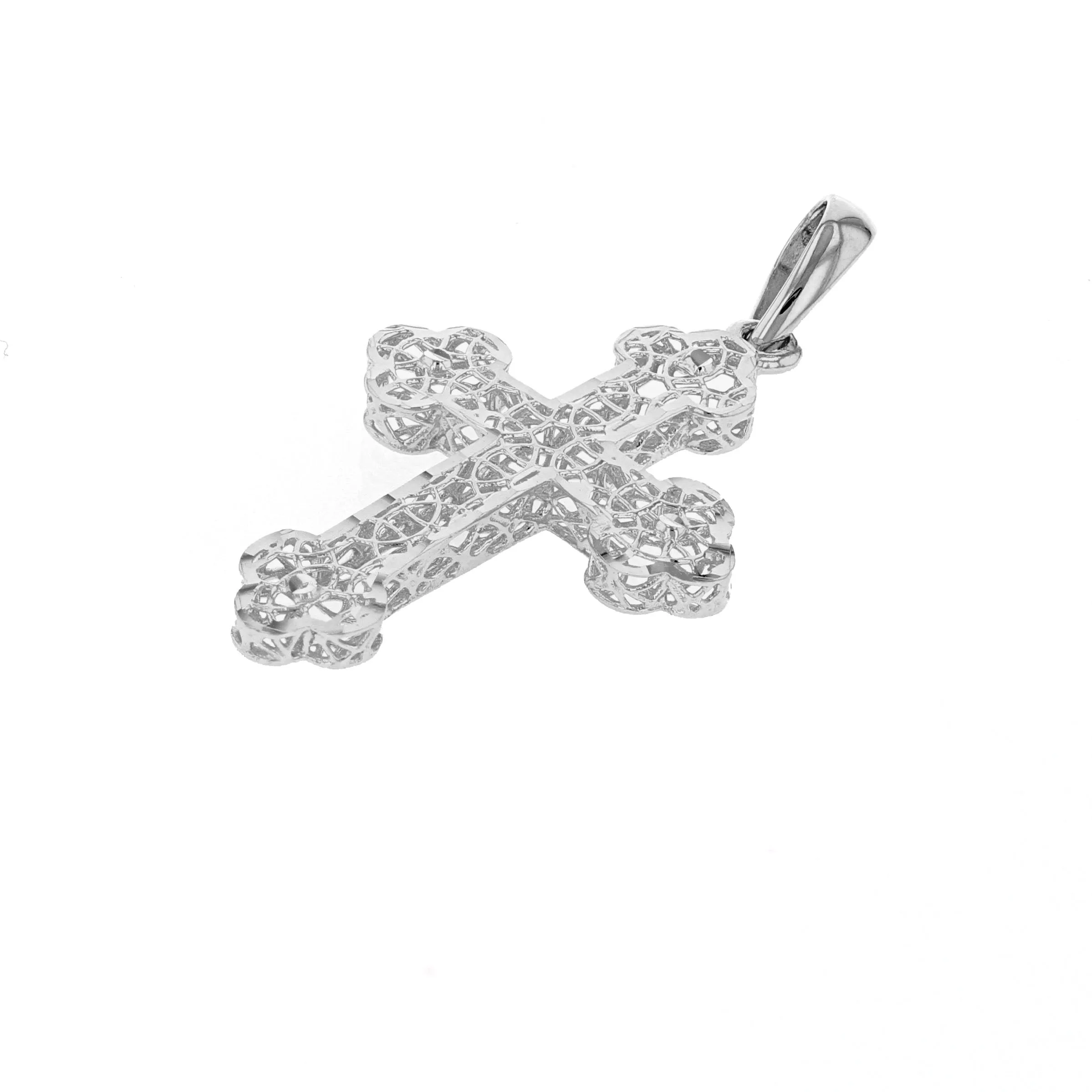 14K White Gold Filigree Eastern Orthodox Cross Charm Pendant Necklace