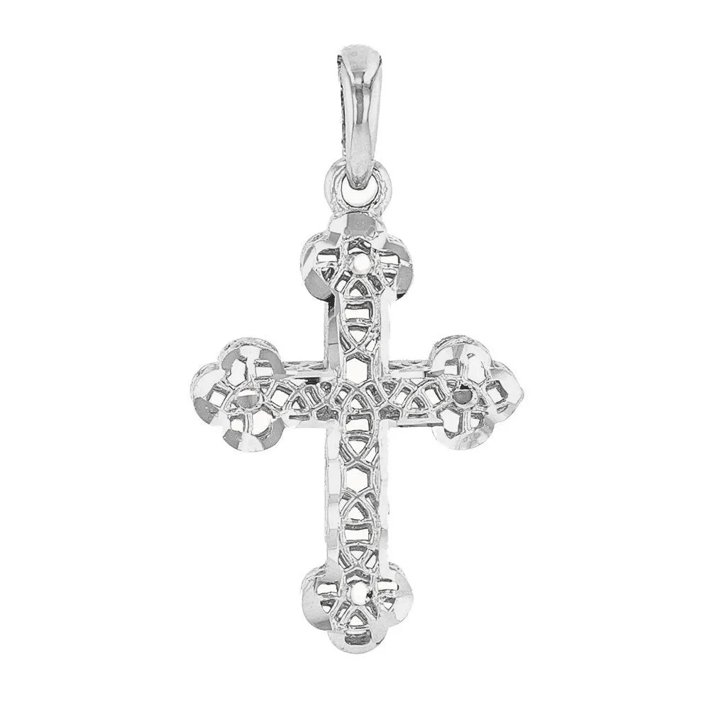 14K White Gold Filigree Eastern Orthodox Cross Charm Pendant Necklace