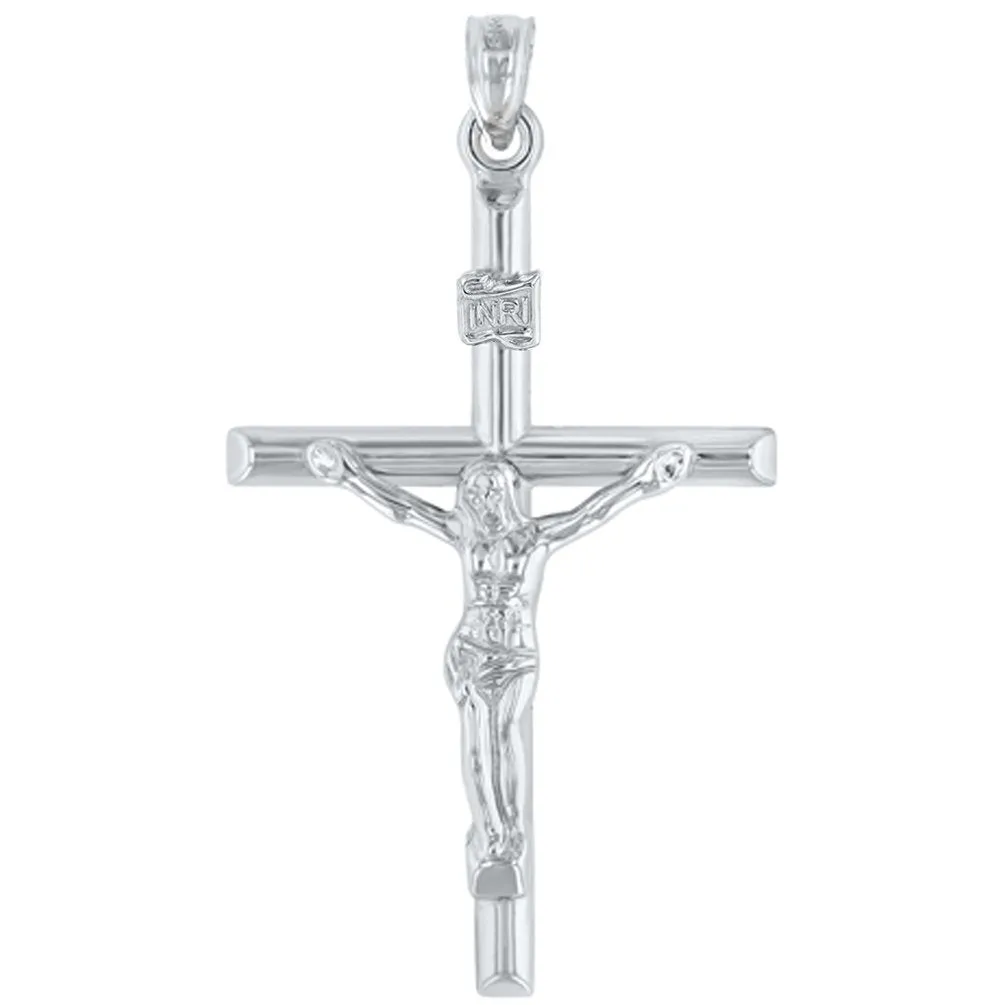 14K White Gold INRI Crucifix Tubular Simple Polished Cross Pendant