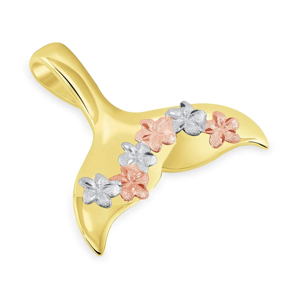 14k Yellow and Rose Gold Tri-Tone Dolphin Tail Fin Hawaiian Plumeria Flowers Pendant Necklace