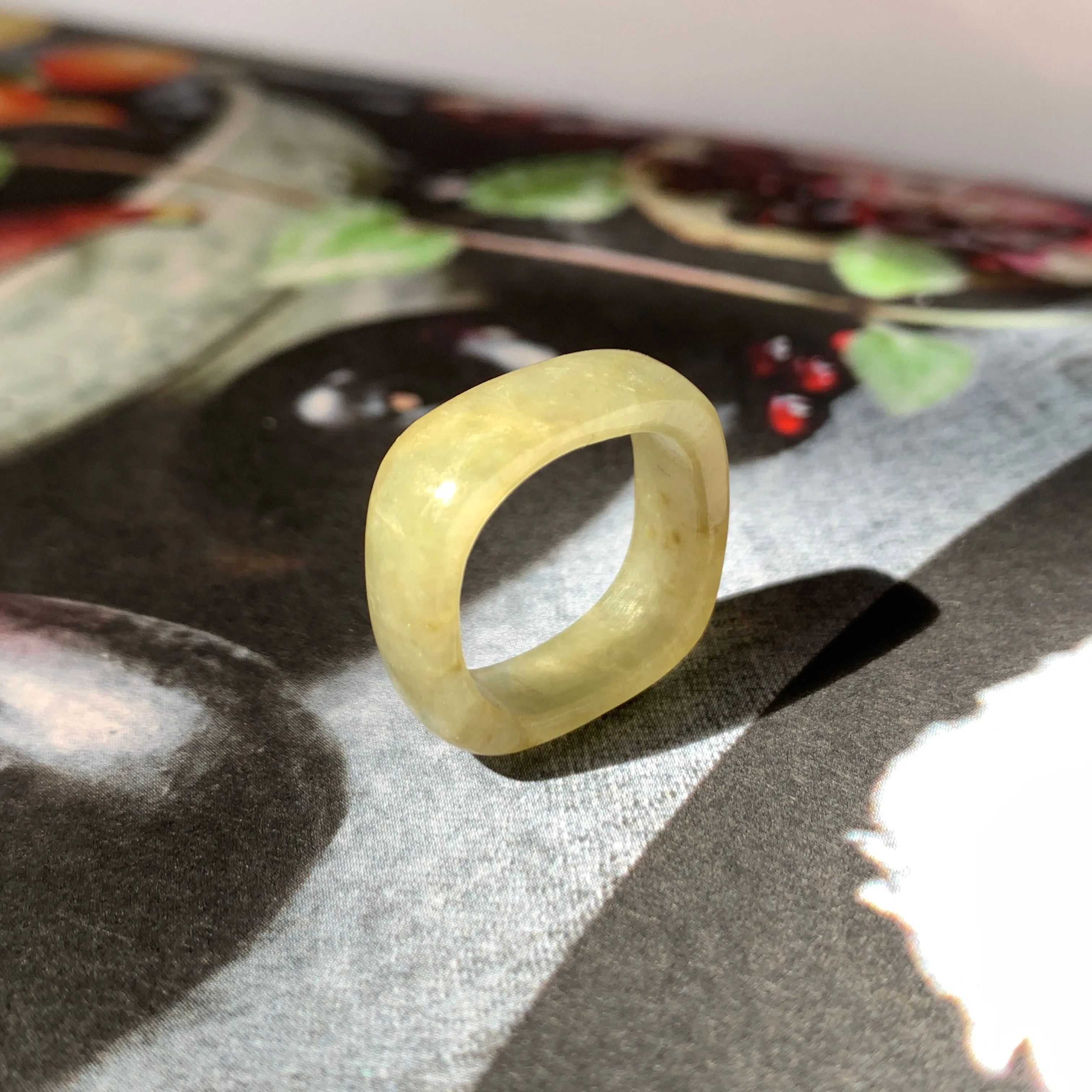 15.4mm A-Grade Natural Light Yellow Jadeite Square Abacus Ring Band No. 161509