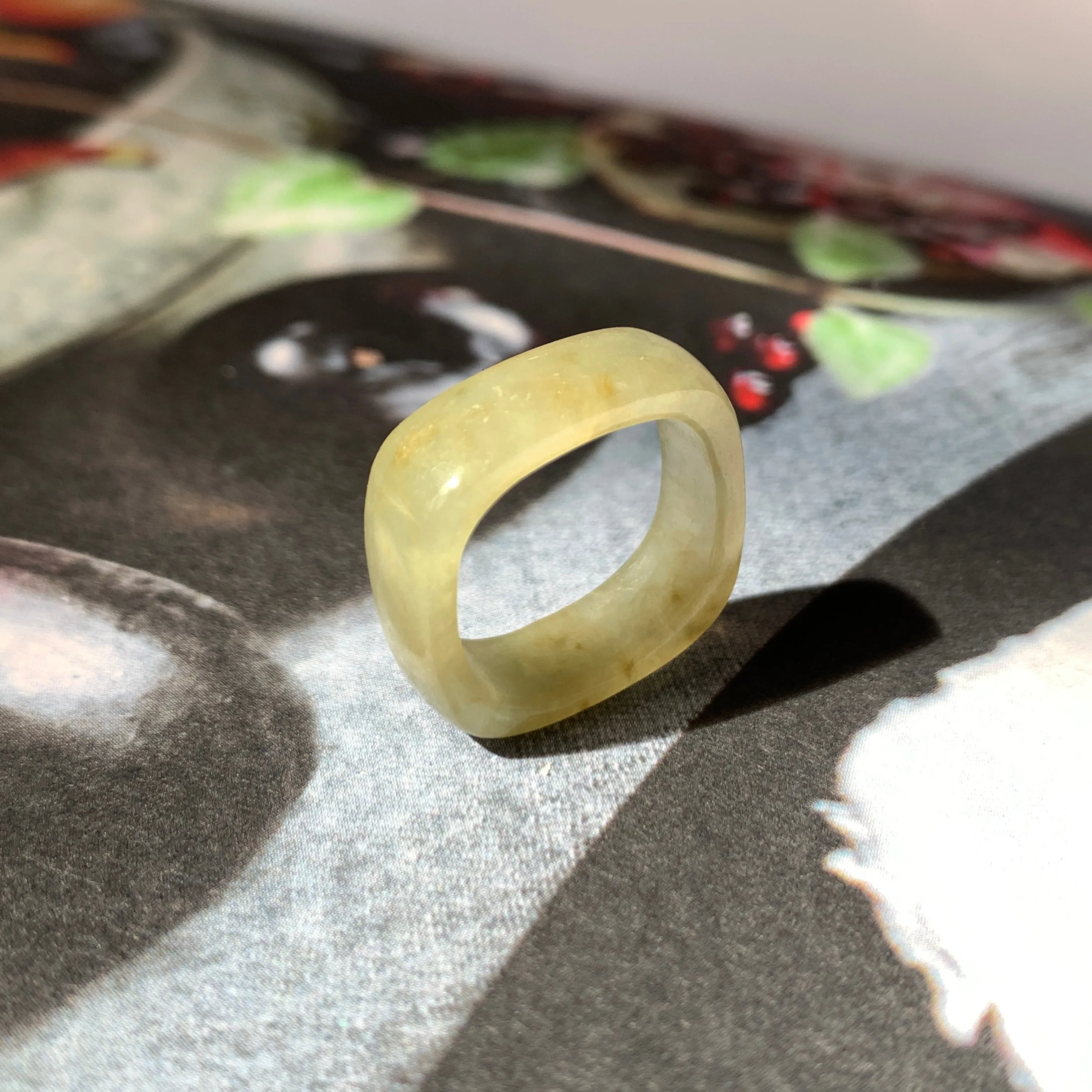 15.4mm A-Grade Natural Light Yellow Jadeite Square Abacus Ring Band No. 161509