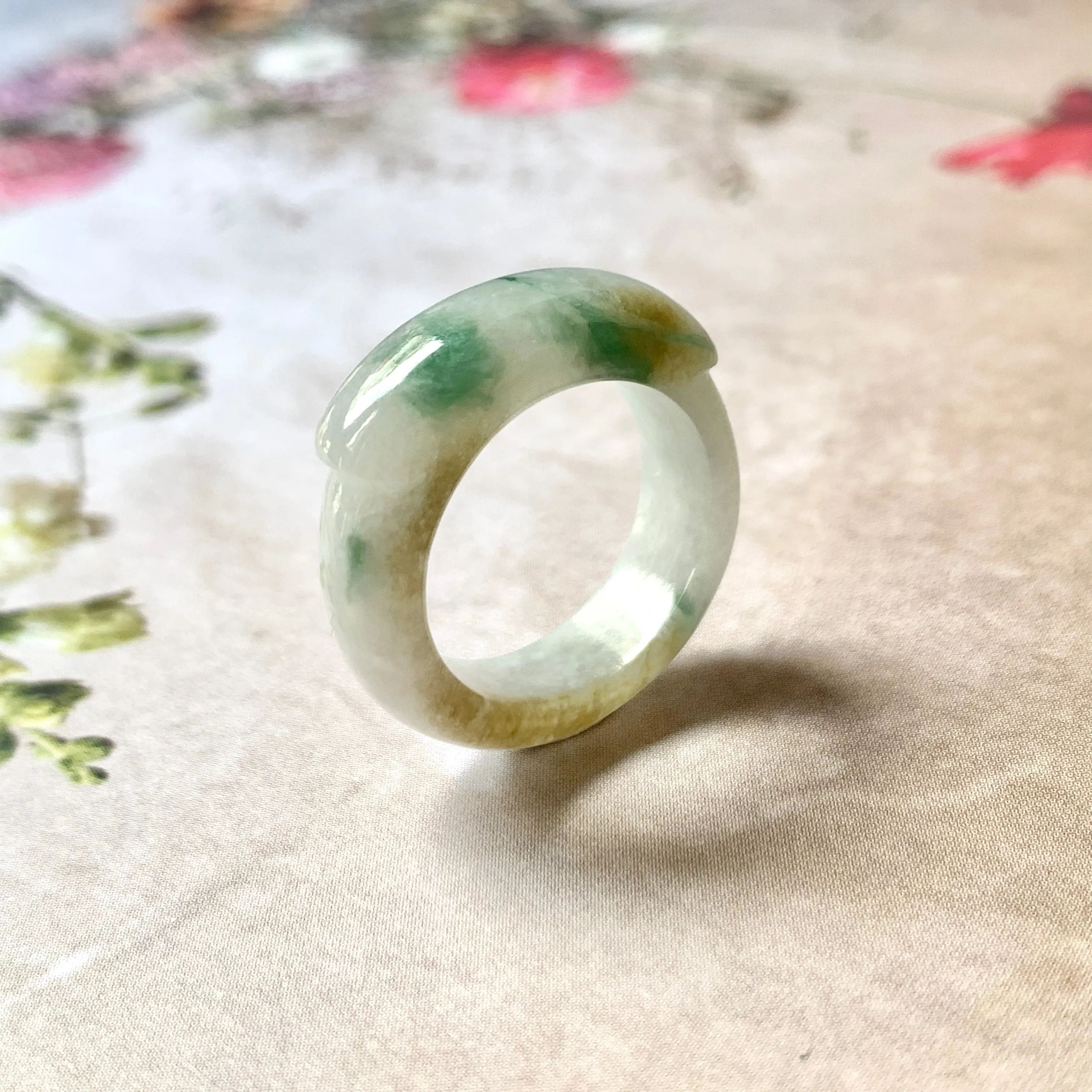 16.2mm A-Grade Natural Floral Jadeite Saddle Top Ring Band No. 162404