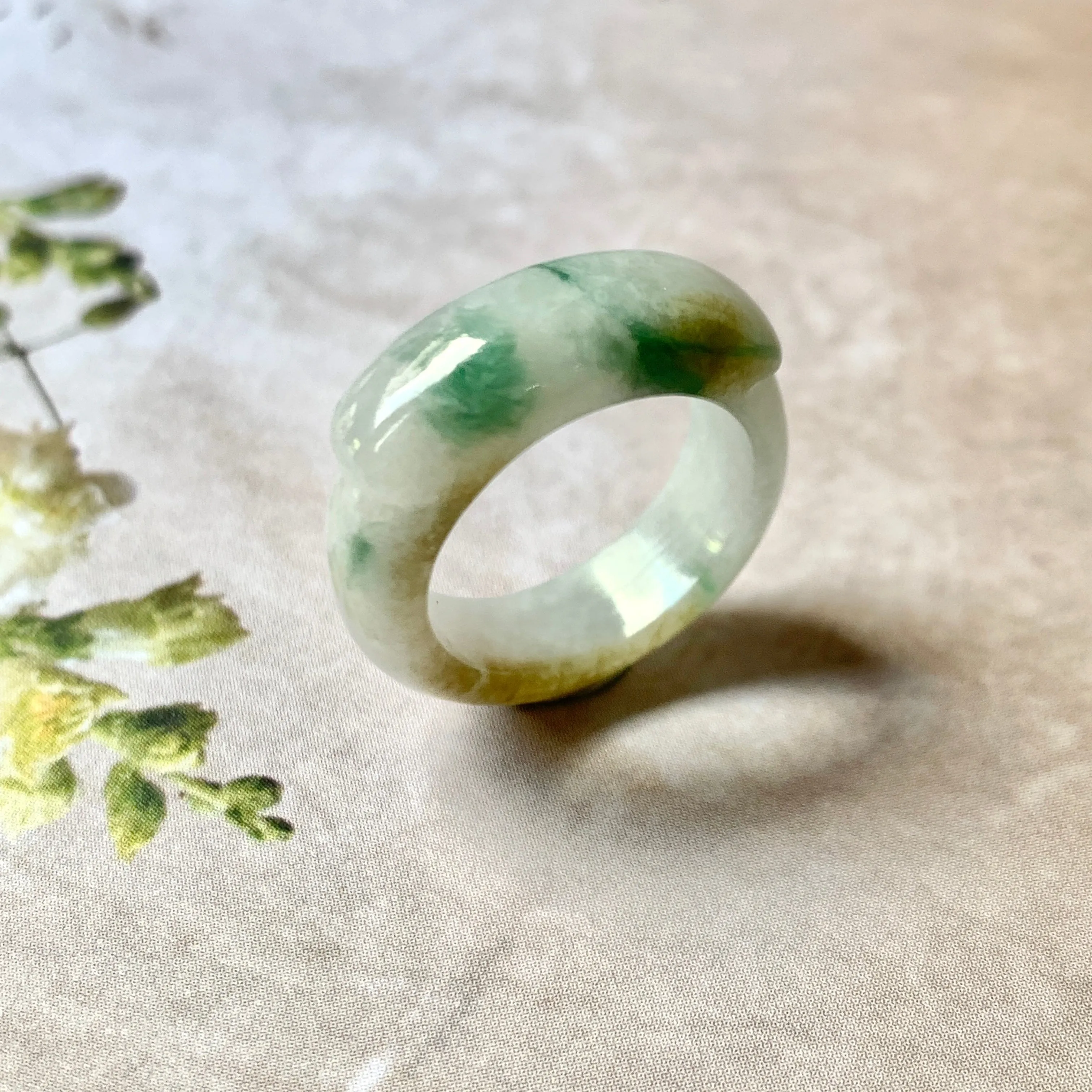 16.2mm A-Grade Natural Floral Jadeite Saddle Top Ring Band No. 162404