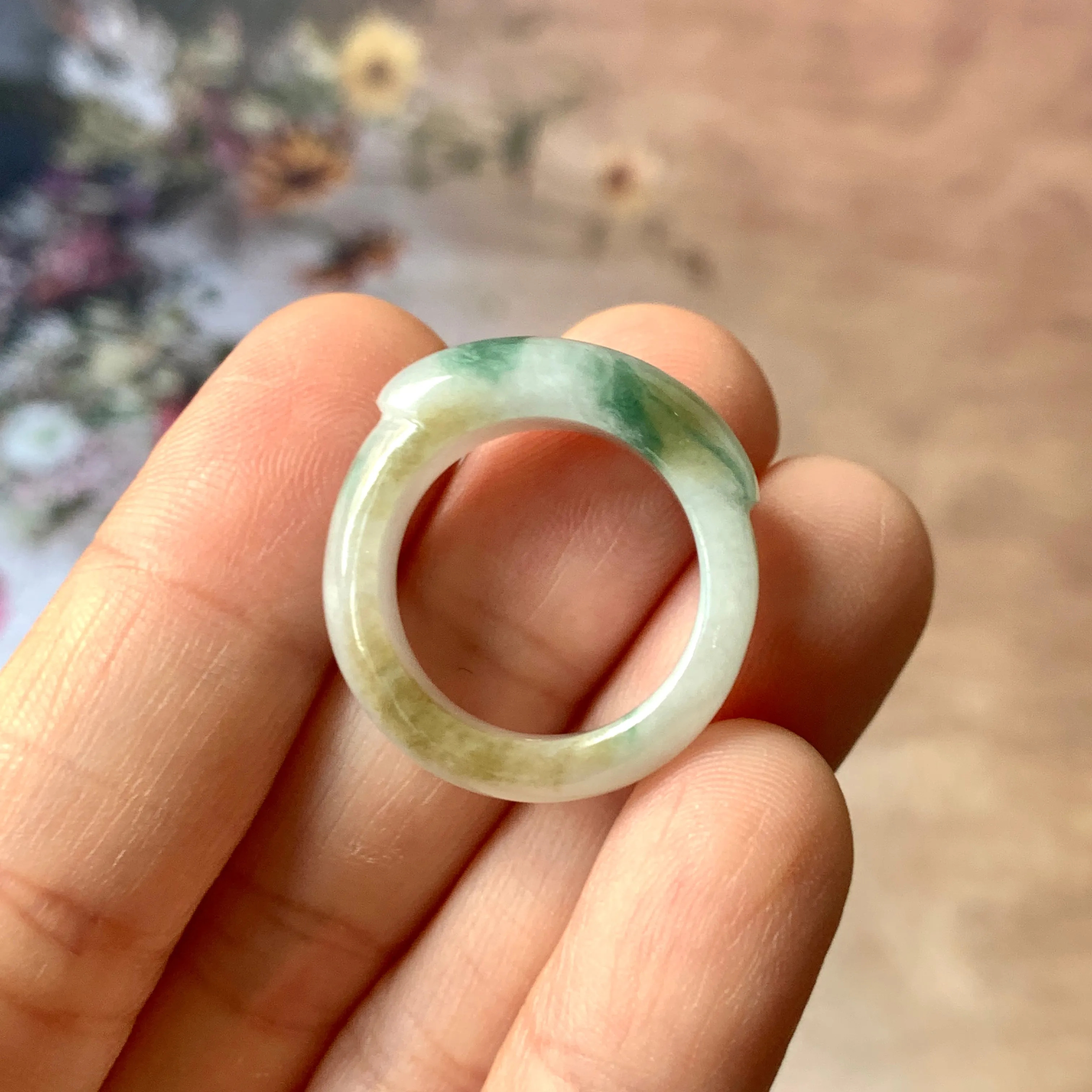 16.2mm A-Grade Natural Floral Jadeite Saddle Top Ring Band No. 162404