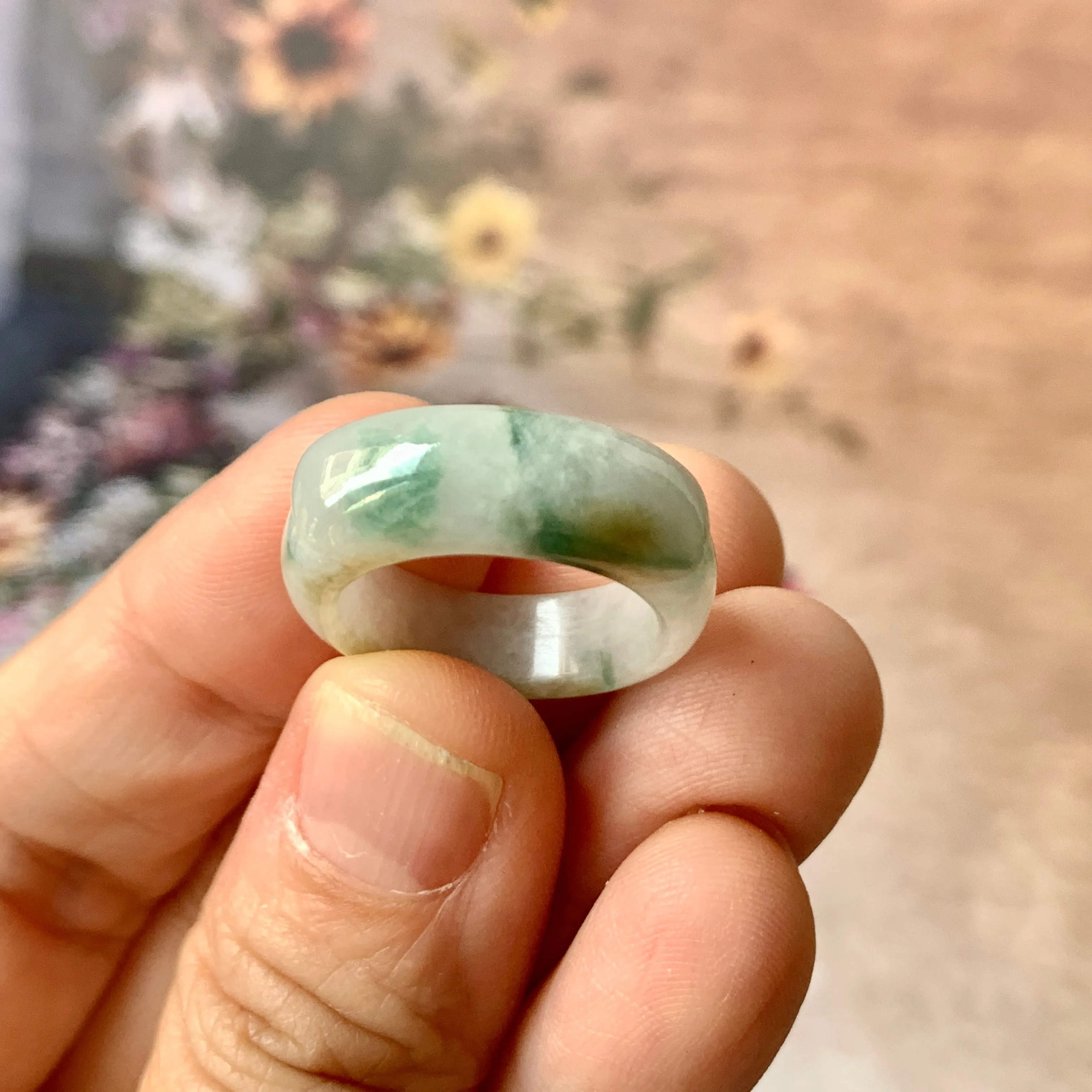 16.2mm A-Grade Natural Floral Jadeite Saddle Top Ring Band No. 162404