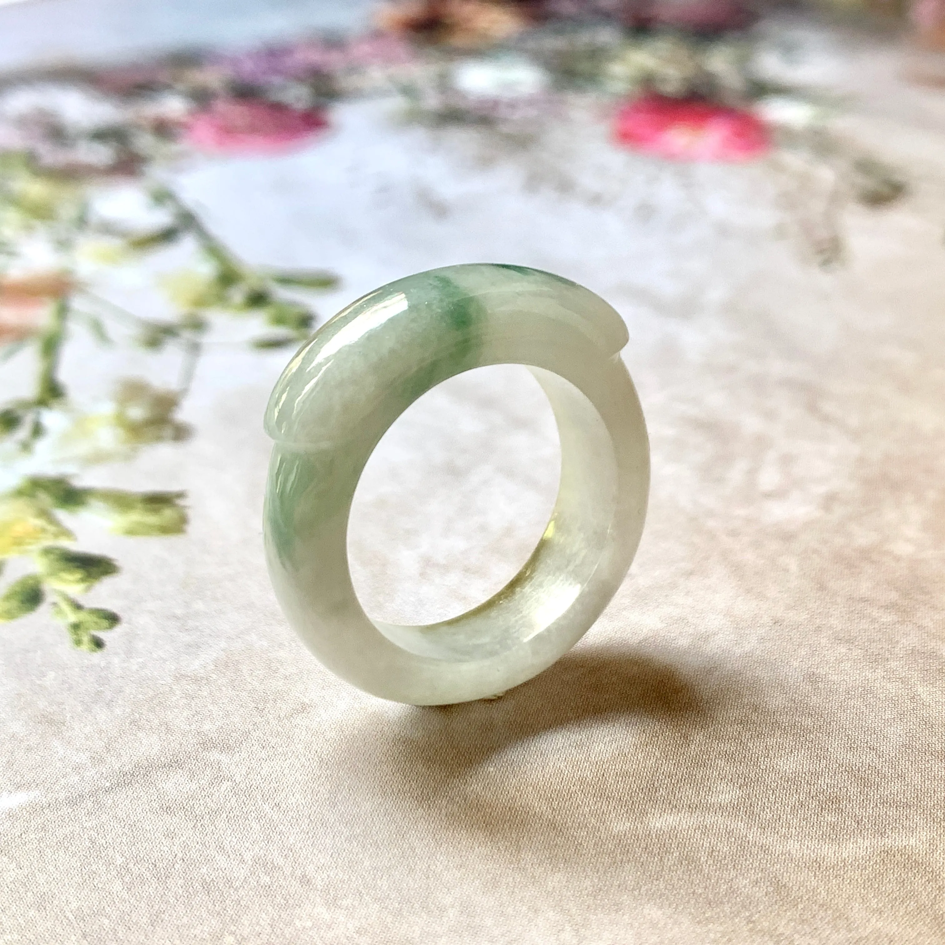 16.2mm A-Grade Natural Floral Jadeite Saddle Top Ring Band No. 162404