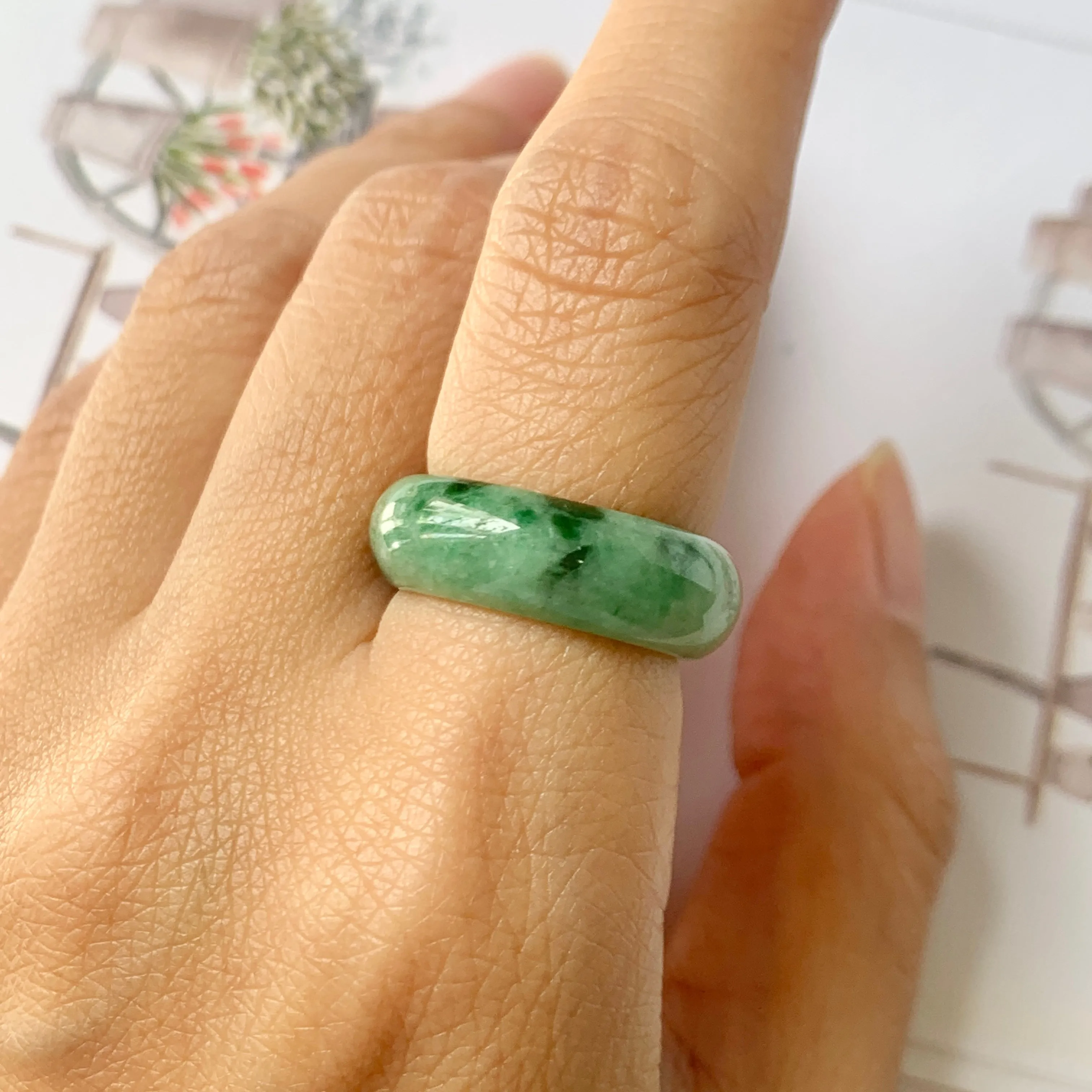 16.3mm A-Grade Natural Imperial Floral Jadeite Abacus Ring Band No.161533