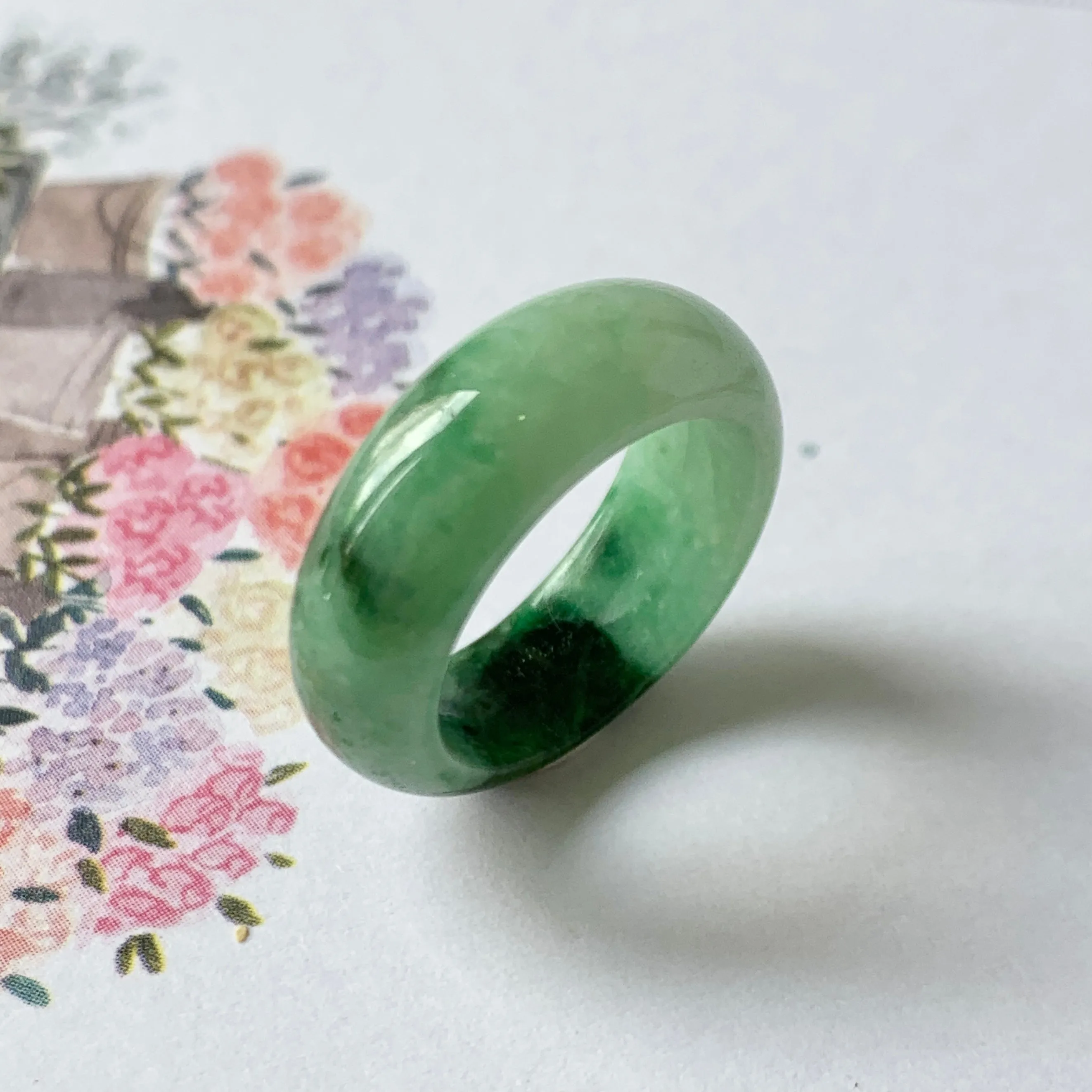 16.3mm A-Grade Natural Imperial Floral Jadeite Abacus Ring Band No.161533