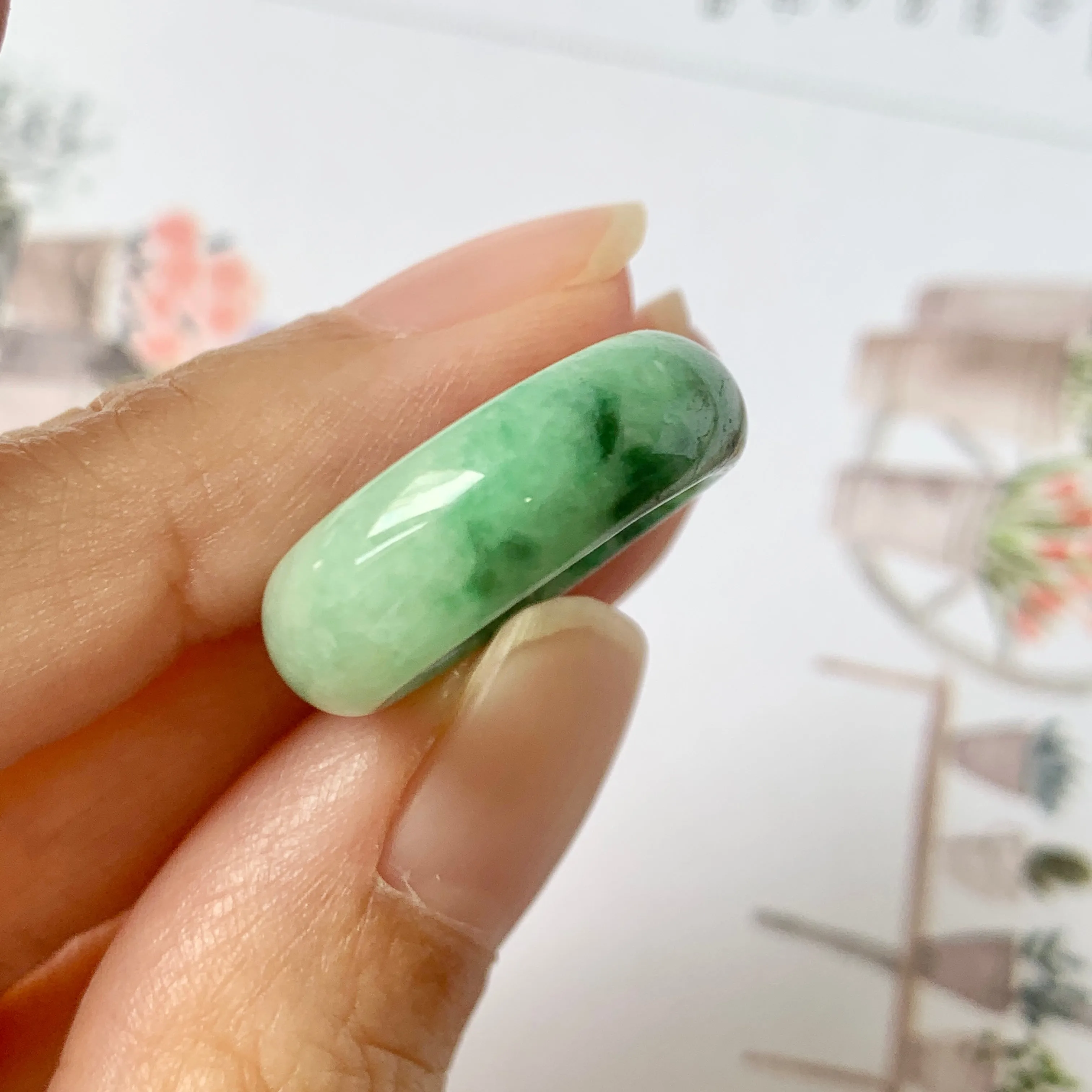 16.3mm A-Grade Natural Imperial Floral Jadeite Abacus Ring Band No.161533