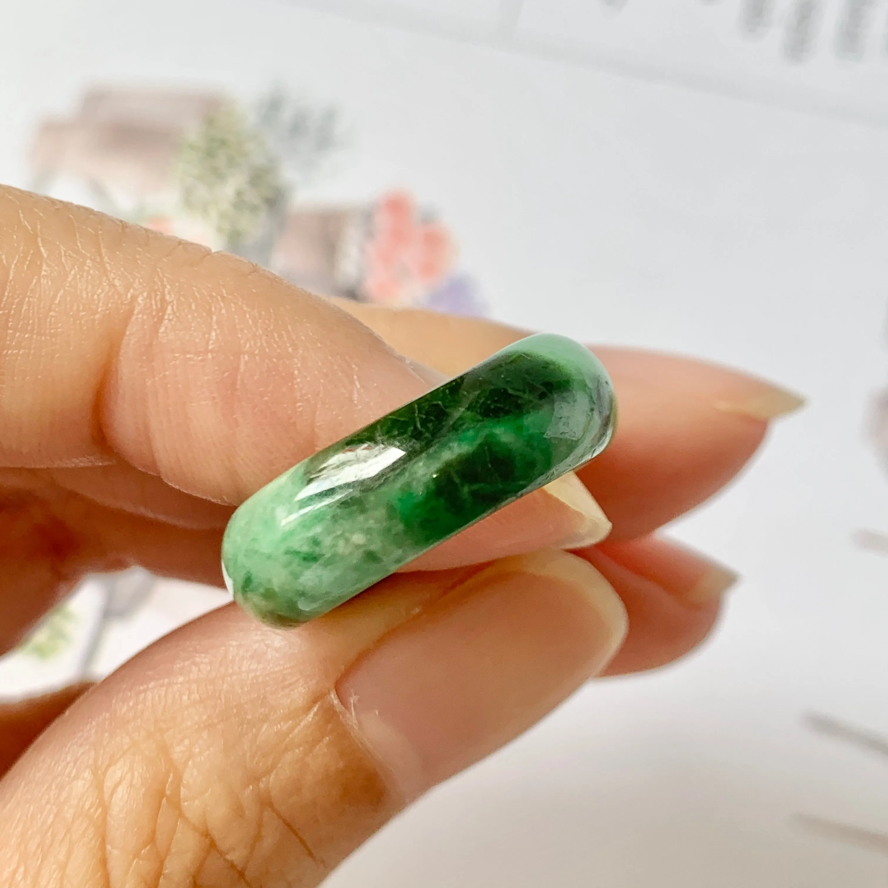 16.3mm A-Grade Natural Imperial Floral Jadeite Abacus Ring Band No.161533