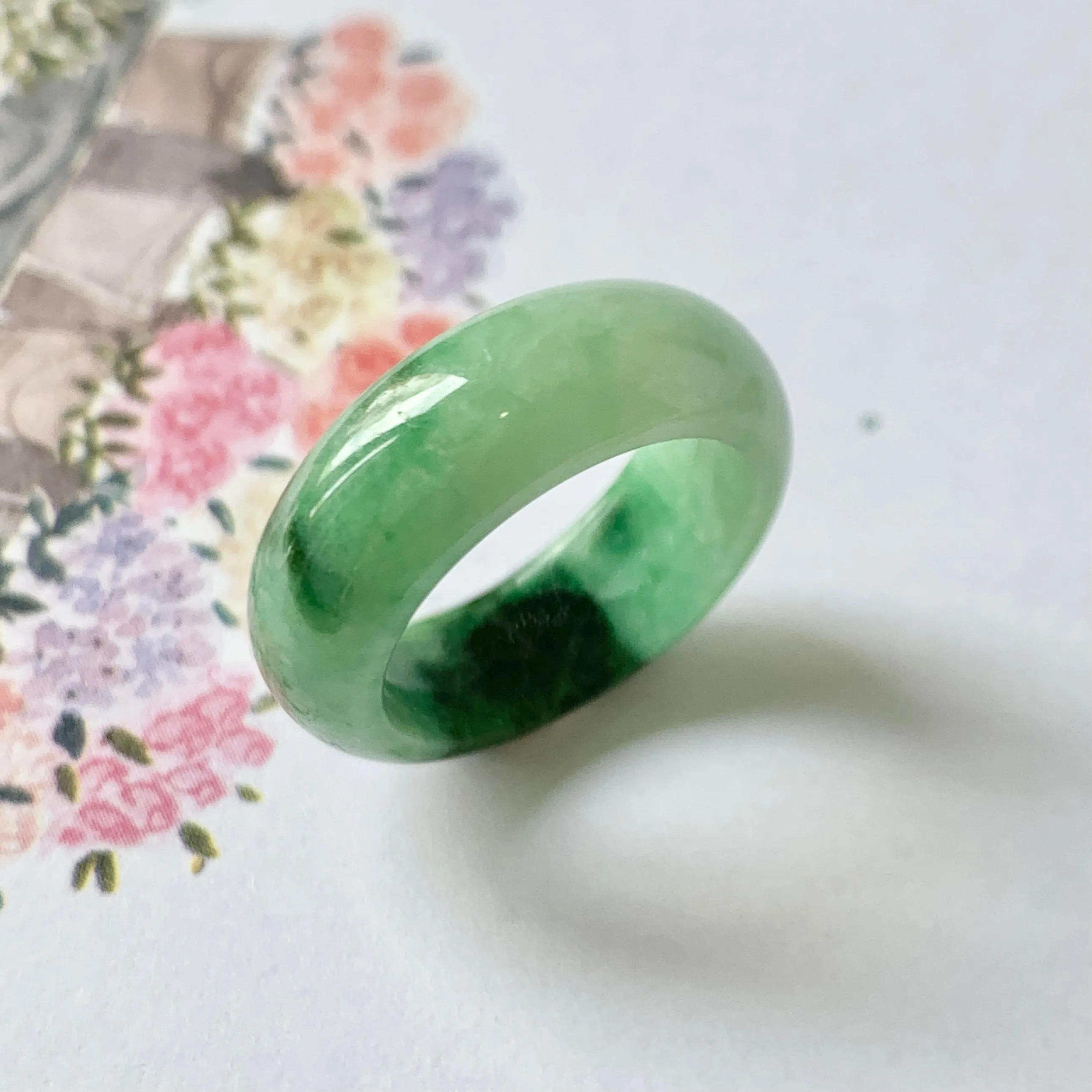 16.3mm A-Grade Natural Imperial Floral Jadeite Abacus Ring Band No.161533