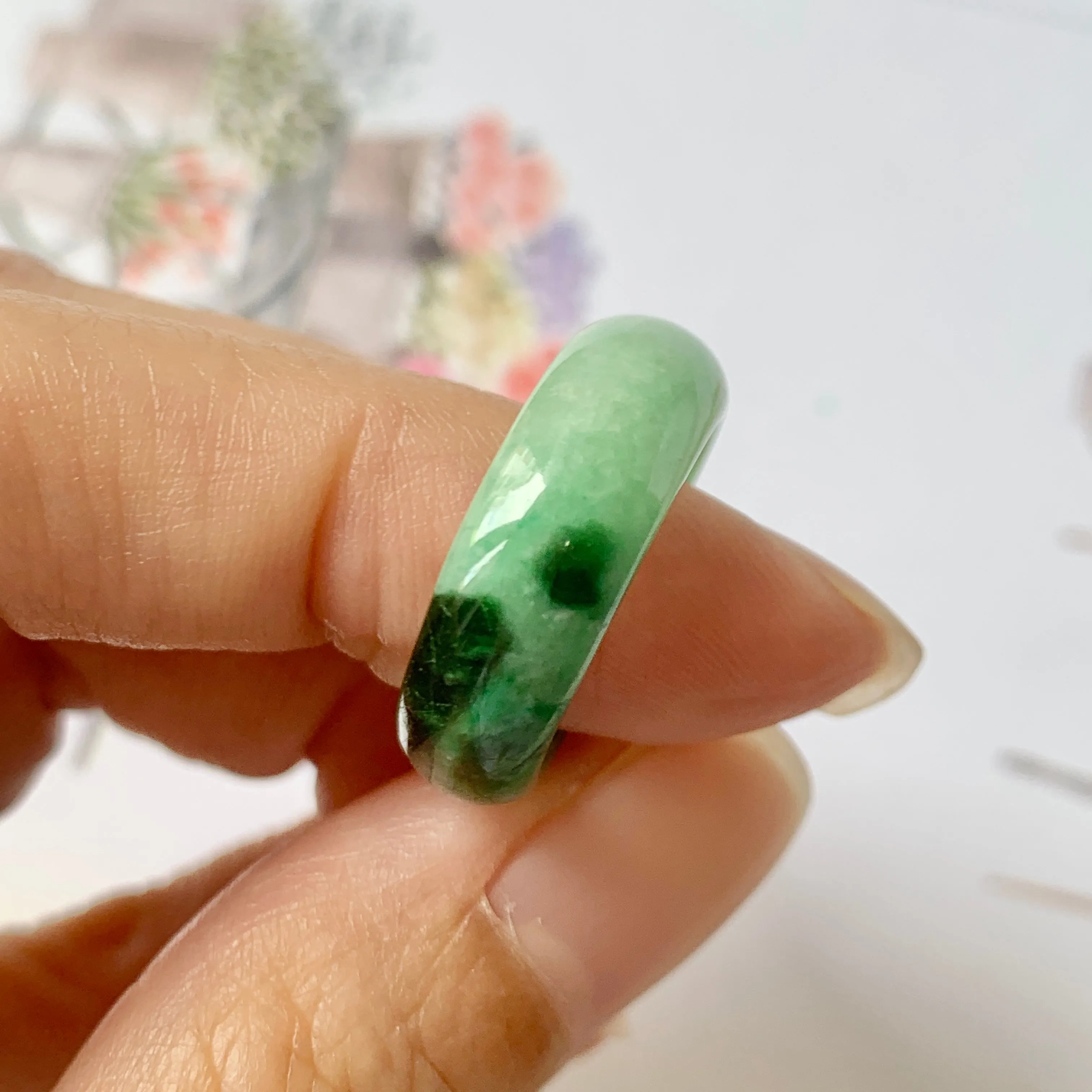 16.3mm A-Grade Natural Imperial Floral Jadeite Abacus Ring Band No.161533